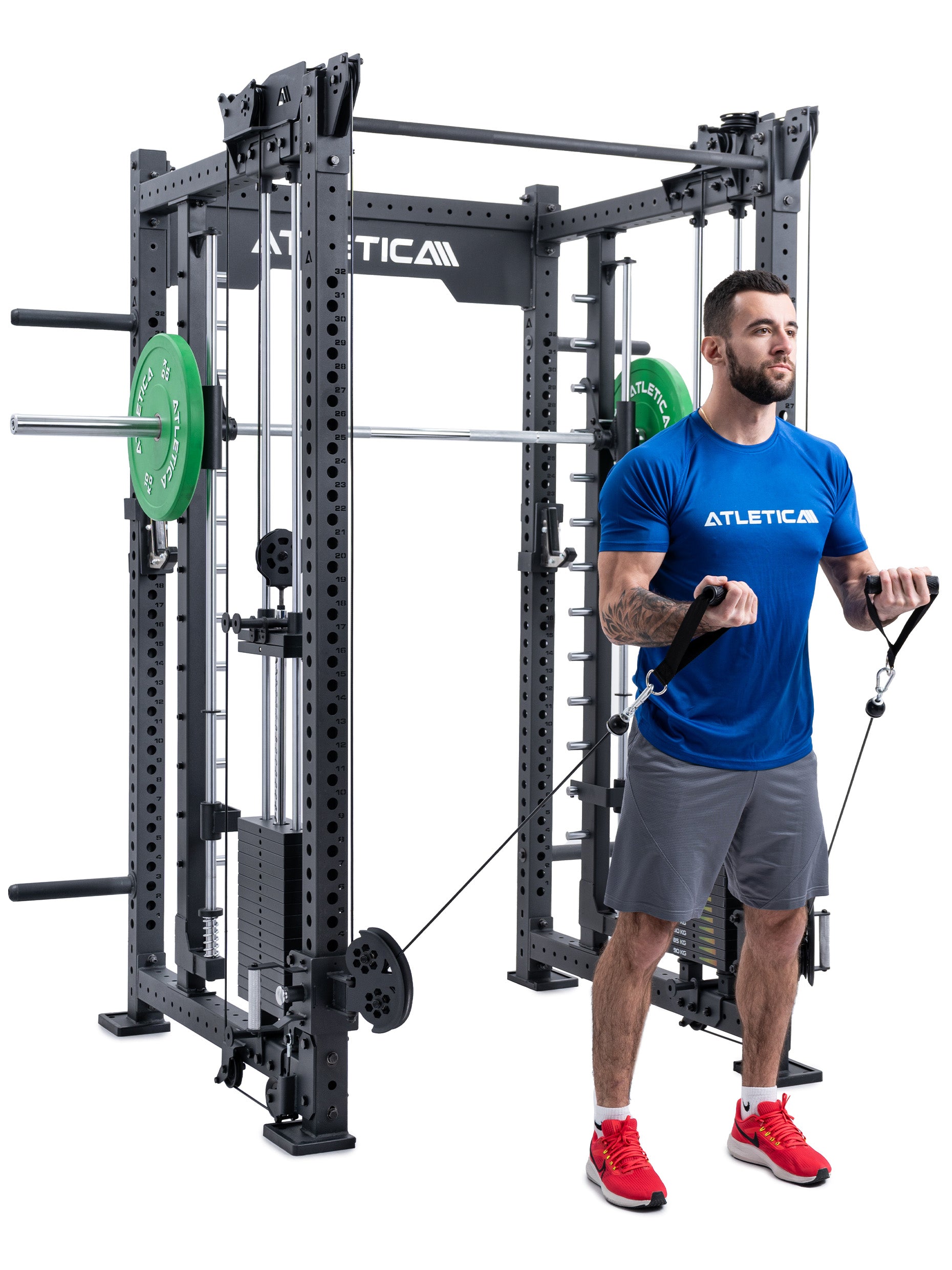 Power Rack R8-Bradley Kabelzug Station: Power Rack mit Seilzug und 2x90kg seitlichen Gewichtsblocks | Modular ausbaubar mit Multipresse und Jammer Arms
