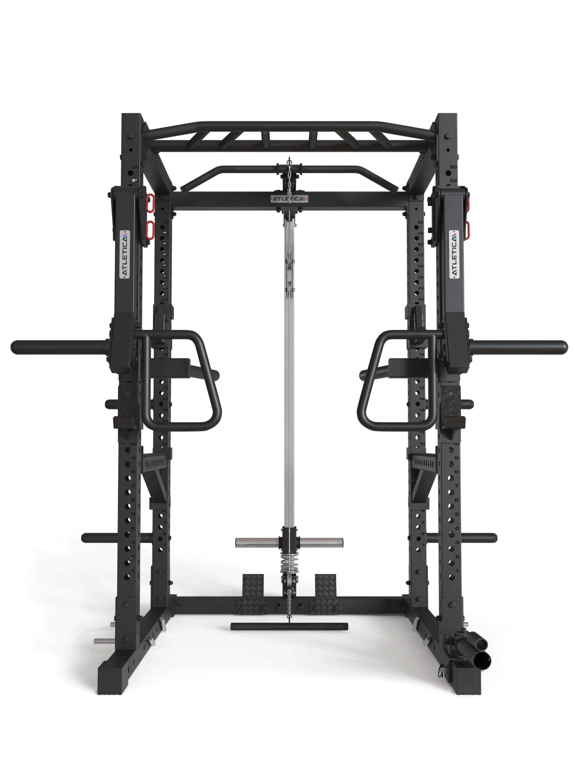 Squat Rack R7-Kano: mit Latzug | Ruderstation | Jammer Arms | Klimmzugstange | Dip Bar | Landmine | J-Hooks, Weight-Pins & Band Pegs | in zwei Höhen verfügbar, #size_200-cm