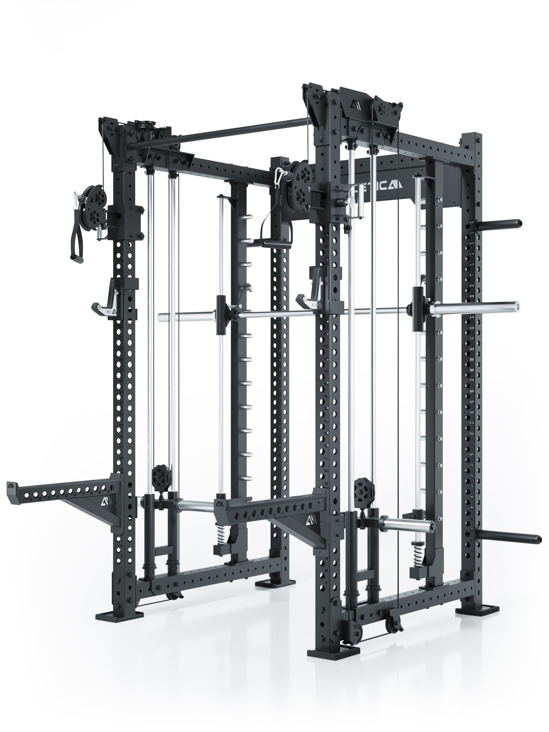 R8 Bradley Power Rack Combat Lang Plate Loaded mit Klimmzugstange, Kabelzug und Hantelscheibenaufnahmen