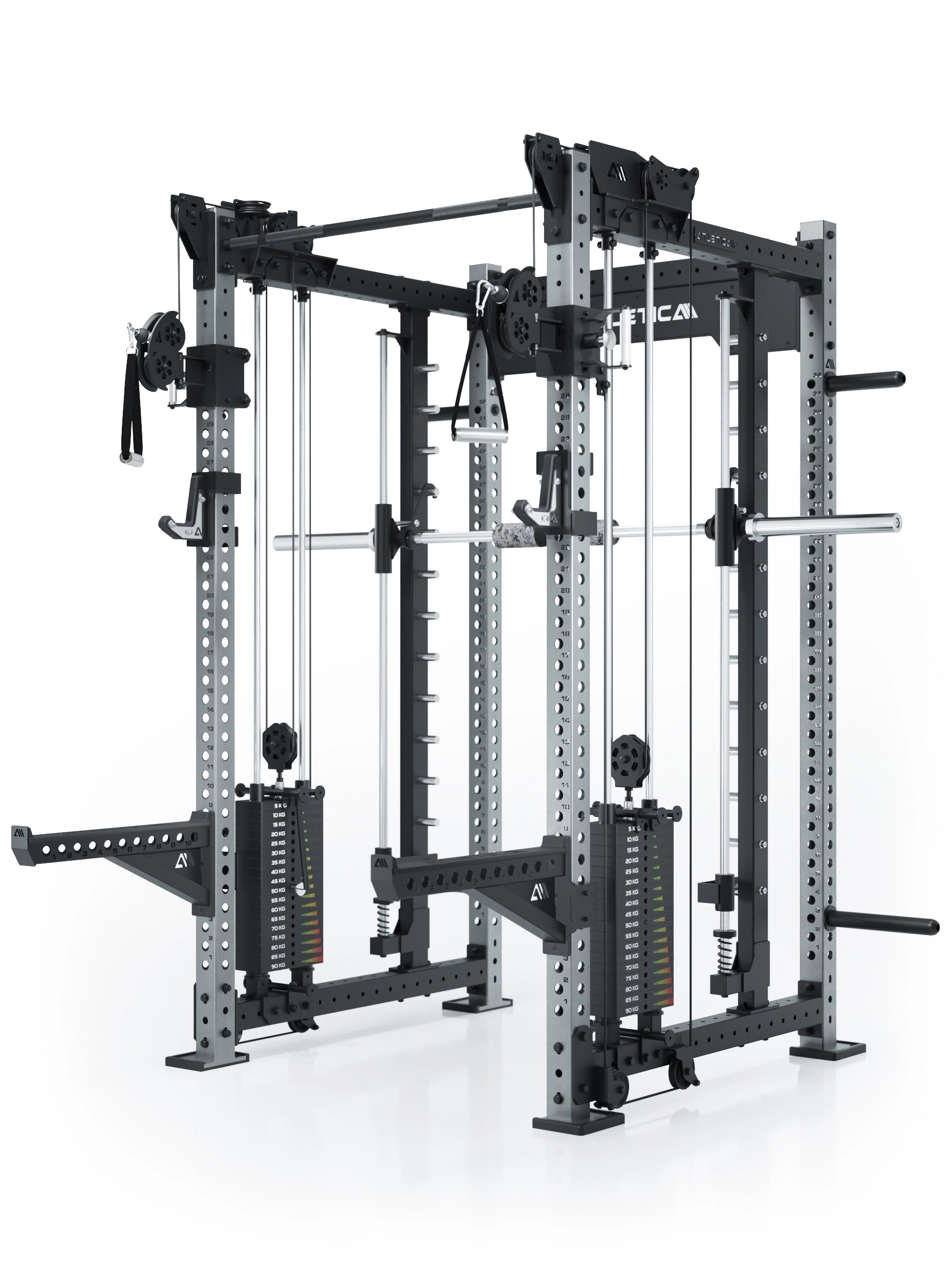 Power Racks: R8 R8 Bradley | Power Rack mit 2x90kg seitlichen Gewichtsblocks, Smith Machine und dualem Kabelzug,