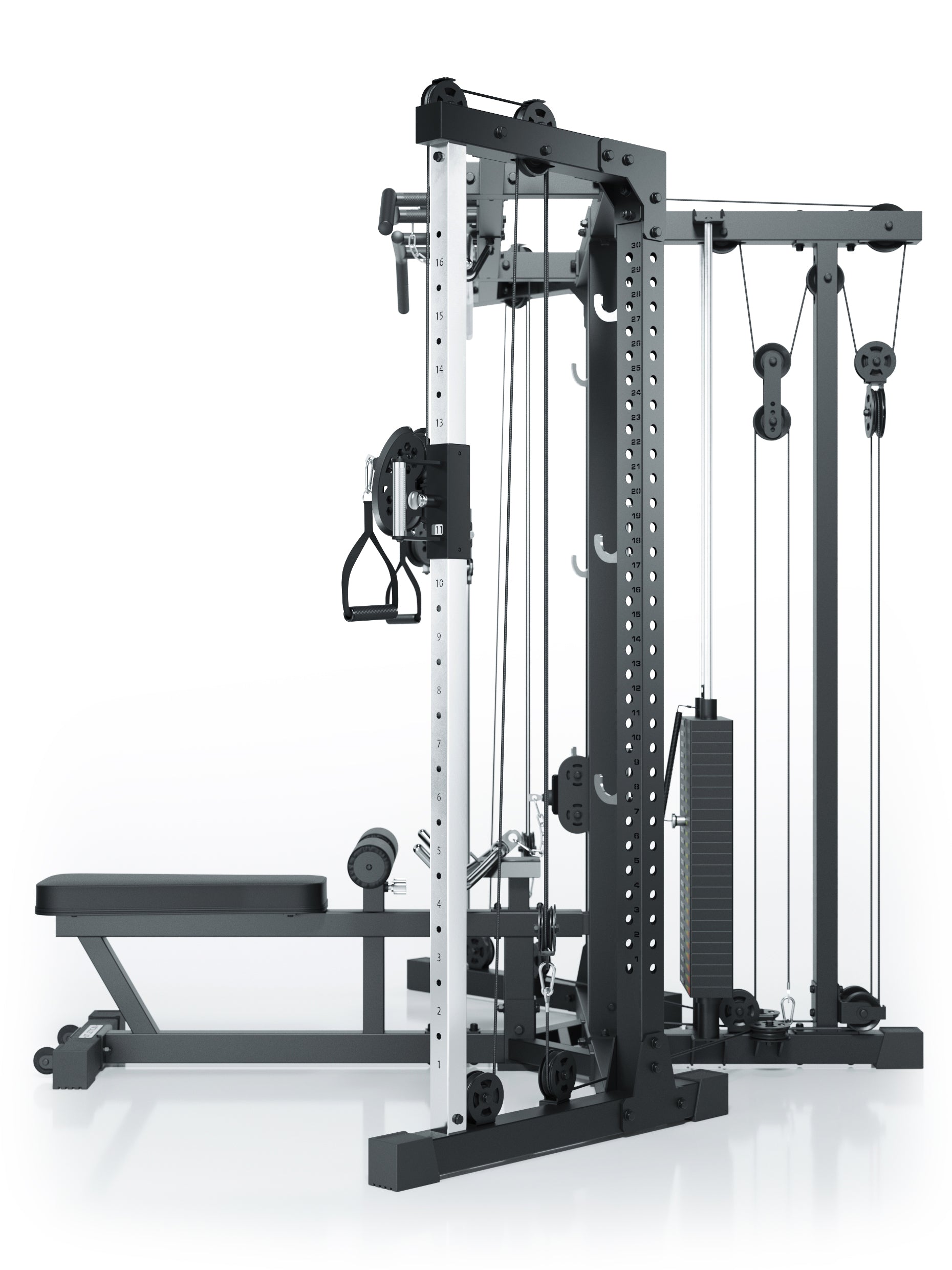 Kabelzugstation X-TRIA mit Steckgewichten, als Eck-Lösung für maximale Raumeffizienz: #variante_low-206cm