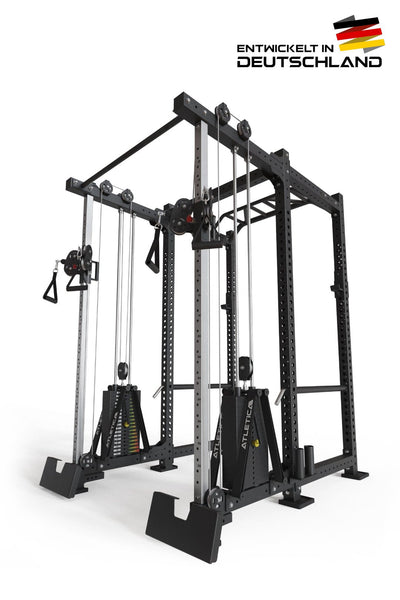 Stand-alone Cable Rack, R8-Nitro: Mit Double Stack, 2x90 kg, 157x120 cm Grundfläche inkl. beider Fußstützen, mit Pull Up Bar, ideal für Fitnesstraining