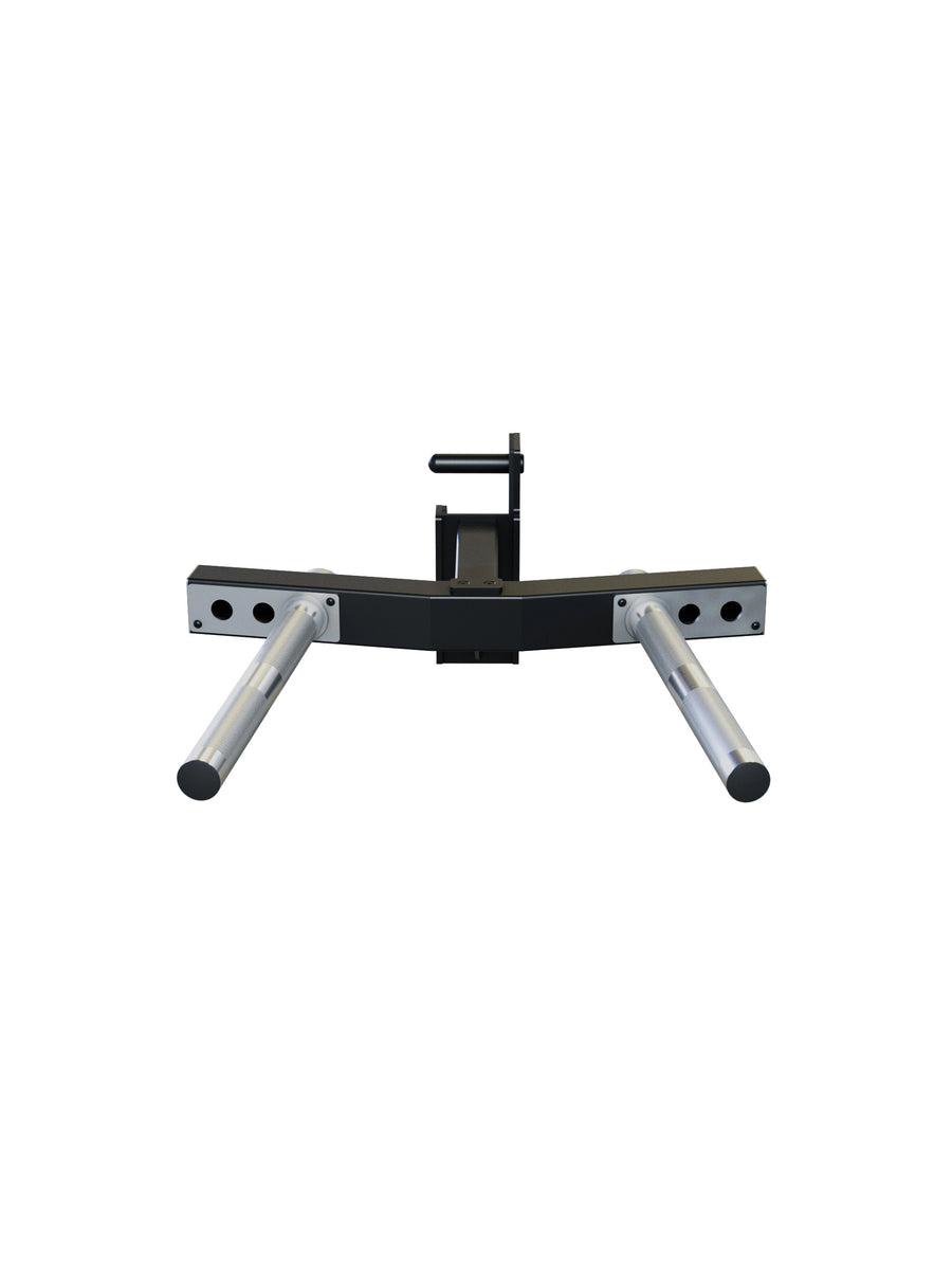 Dip-Barren für R8 Power Racks | 3 verschiedene Griffbreiten von 29-70cm | 30° Griffwinkel | angenehme Rändelung | Klappmechanismus für sicheren Halt | 3mm Stahl | 350kg Traglast