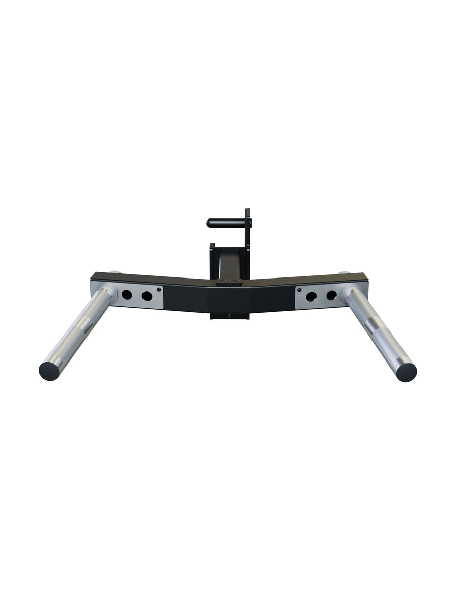 Dip-Barren für R8 Power Racks | 3 verschiedene Griffbreiten von 29-70cm | 30° Griffwinkel | angenehme Rändelung | Klappmechanismus für sicheren Halt | 3mm Stahl | 350kg Traglast