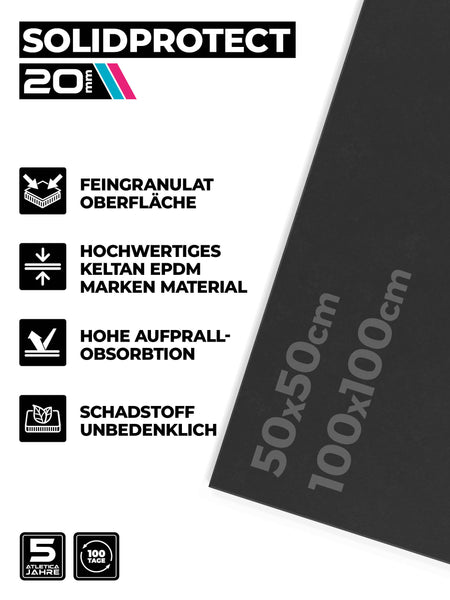 Bodenschutzmatten SolidProtect 10m2: Keltan EPDM Material | 20mm Stärke | hohes Eigengewicht | Feingranulat Oberfläche | 0.8mm Körnung #size_10-Matten-a-100x100cm