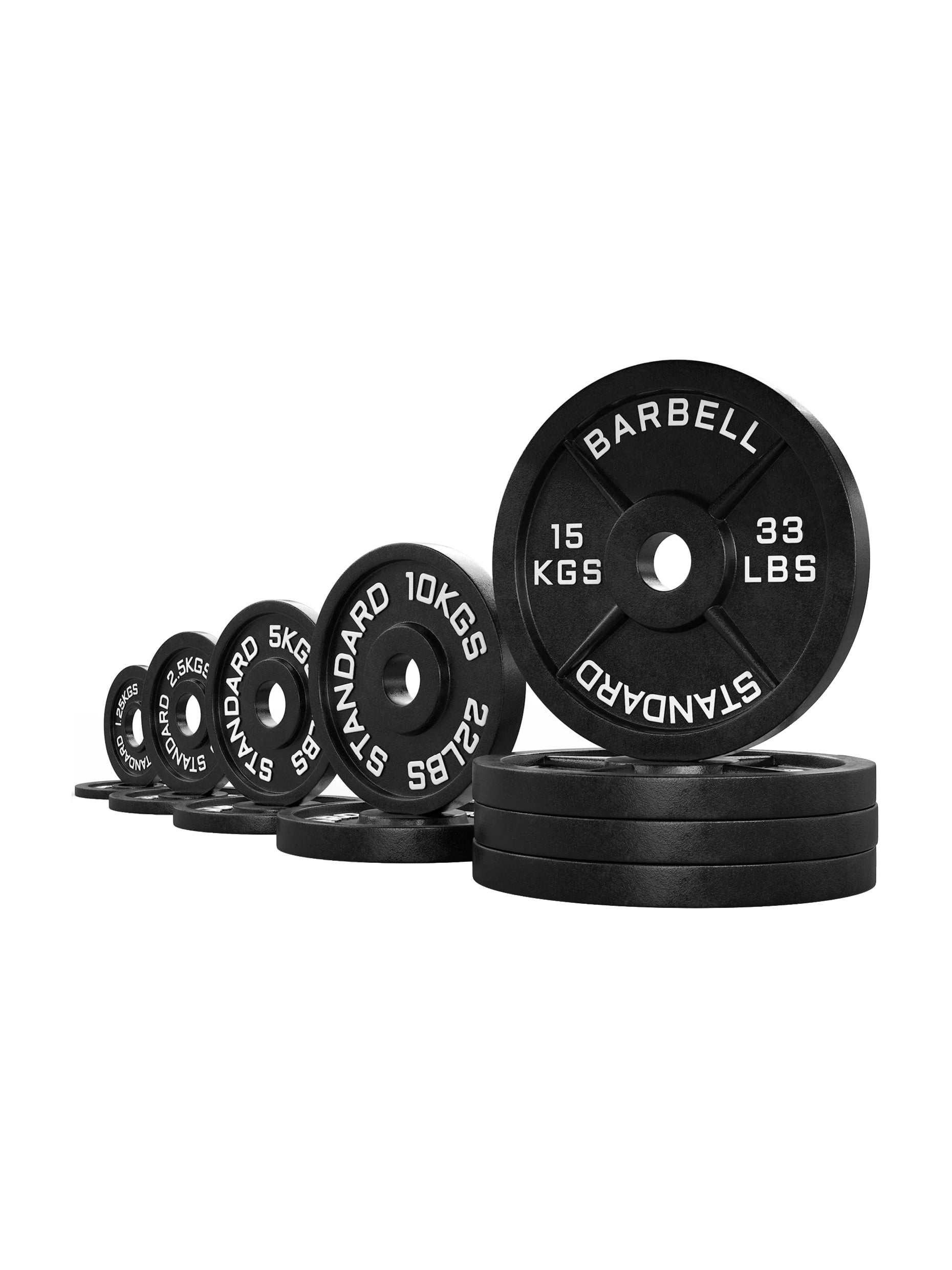 Gewichte Iron plates: 97.5 kg Set ∣ 2 x 1.25 kg | 2 x 2.5 kg | 2 x 5 kg | 2 x 10 kg | 4 x 15kg ∣ Gusseisen ∣ 50mm