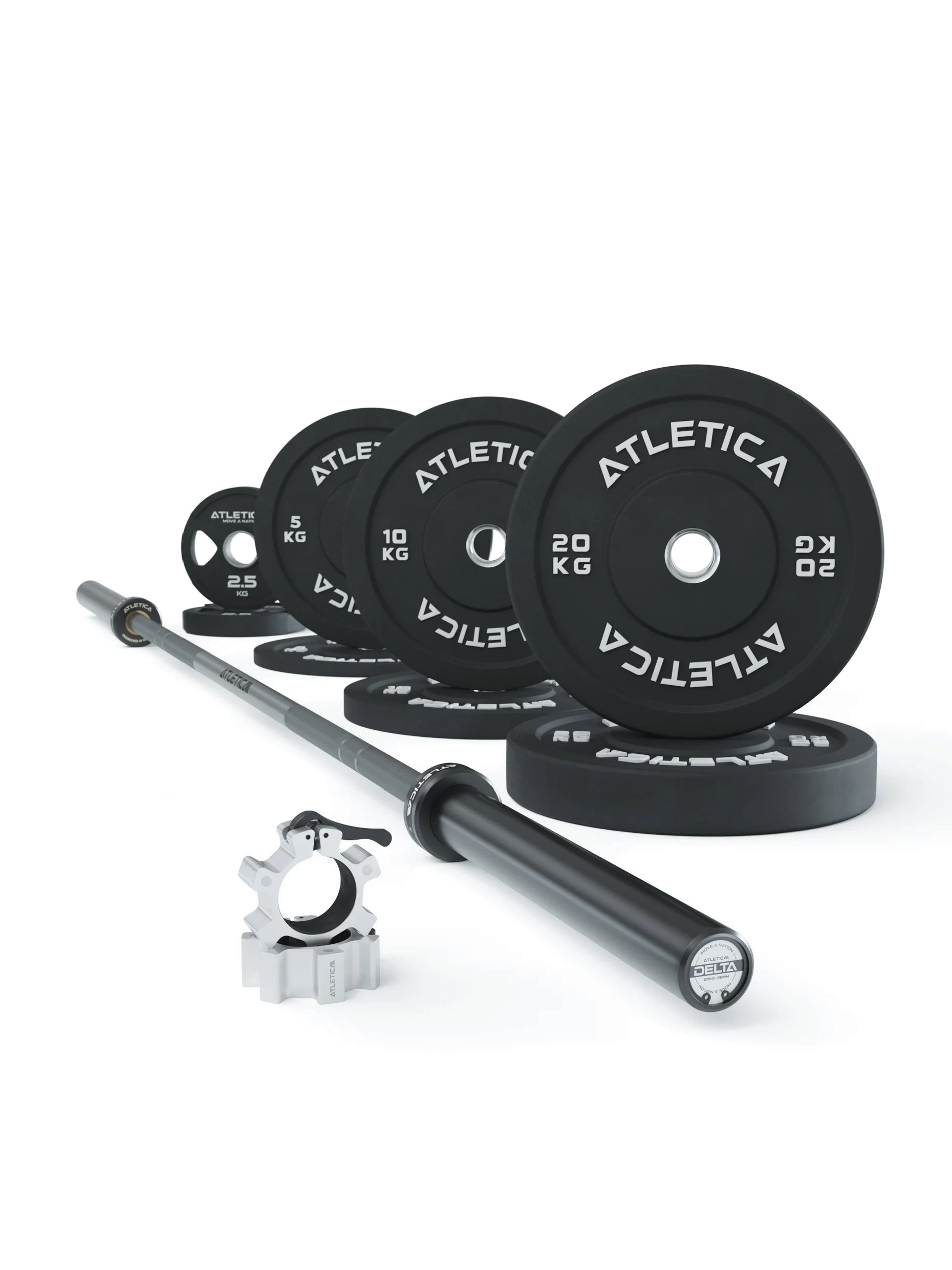 Langhantel Set | Delta HighRep
| 75kg Hantelscheiben | Alu-Hantelverschlüsse | Für Gewichtheben, Powerlifting und CrossFit | Ø 50mm, #material_bullet-grey
