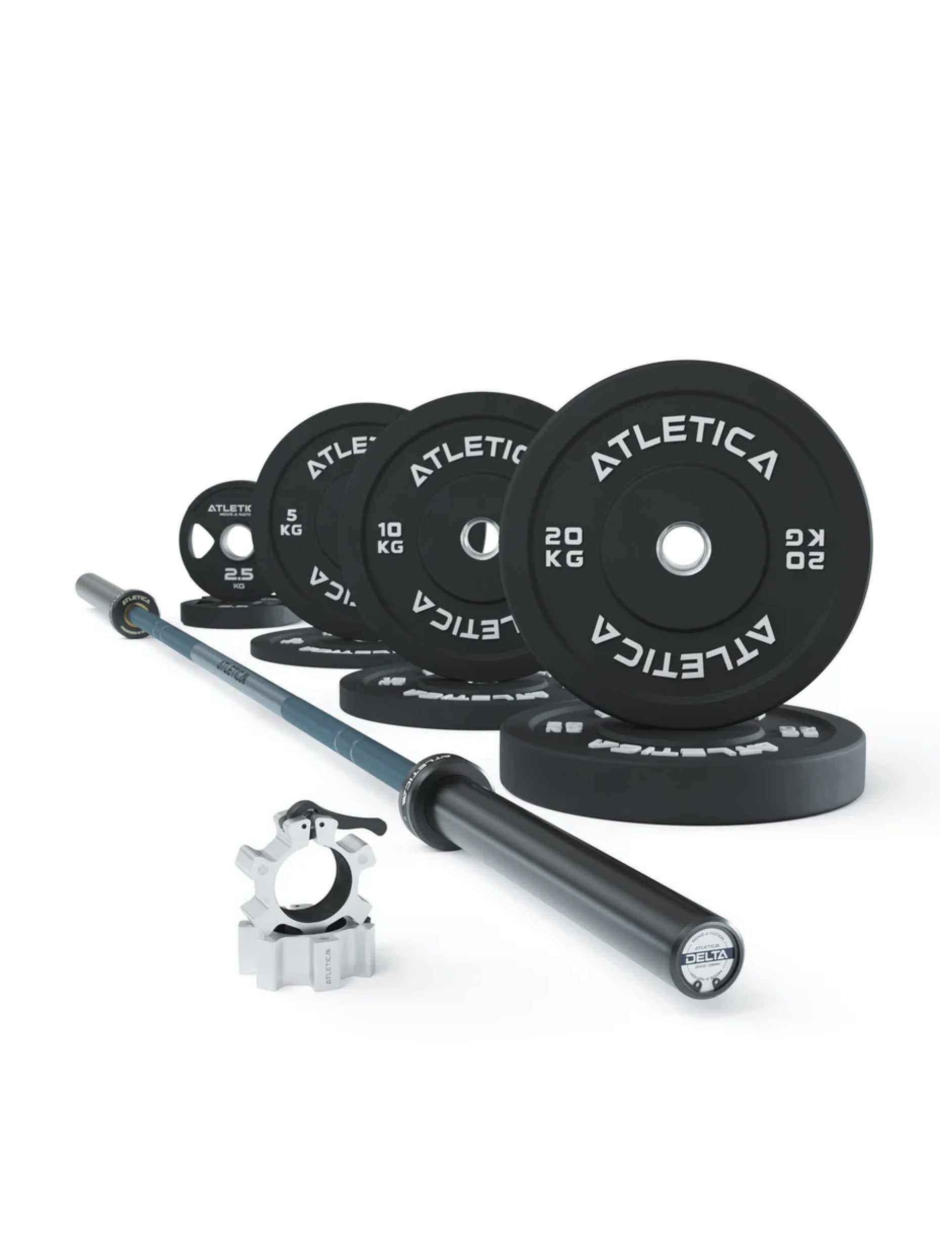 Langhantel Delta Set: Delta Hybrid Stange| 75kg Hantelscheiben | Alu-Hantelverschlüsse | Für Gewichtheben, Powerlifting und CrossFit | Ø 50mm, #material_dark-blue