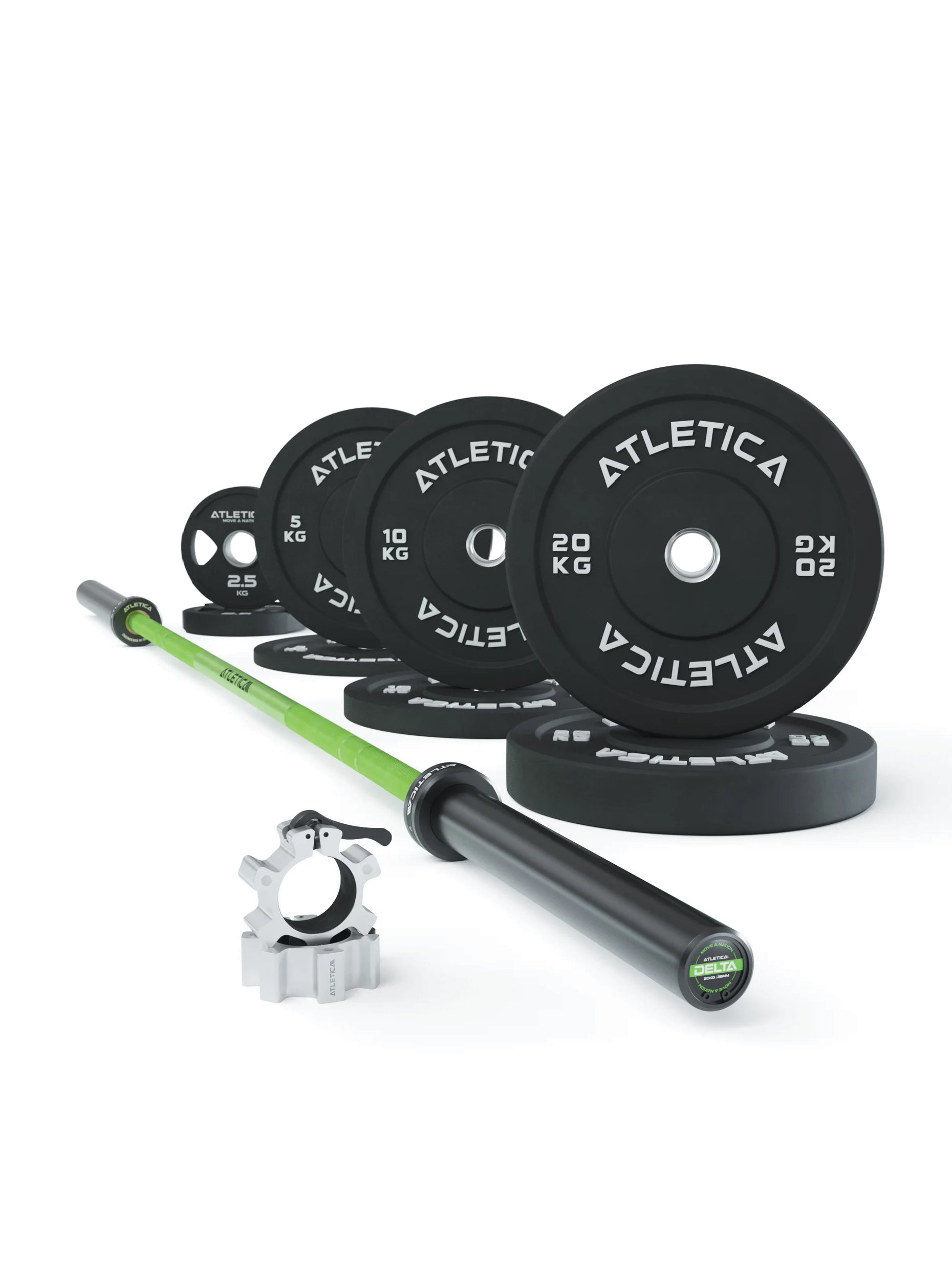 Langhantel Delta Set: Delta Hybrid Stange| 75kg Hantelscheiben | Alu-Hantelverschlüsse | Für Gewichtheben, Powerlifting und CrossFit | Ø 50mm, #material_electric-green