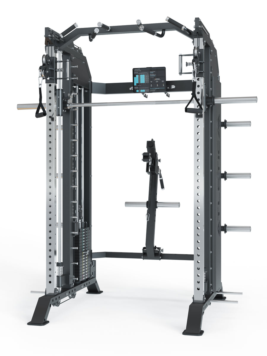 Kraftstation Pro HellRaiser: Multipresse – Counterbalanced und linear gelagert,
Belt Squat Machine inklusive,
Dualer Kabelzug mit 2x 90kg Steckgewichten,
Edelstahl Komponenten,
Inklusive Smart Device Halter und umfangreichem Zubehör