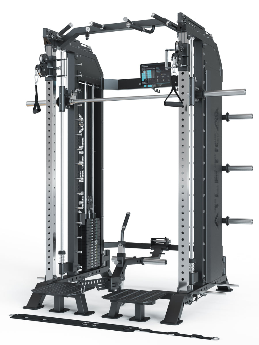 Kraftstation Pro HellRaiser: Multipresse – Counterbalanced und linear gelagert,
Belt Squat Machine inklusive,
Dualer Kabelzug mit 2x 90kg Steckgewichten
