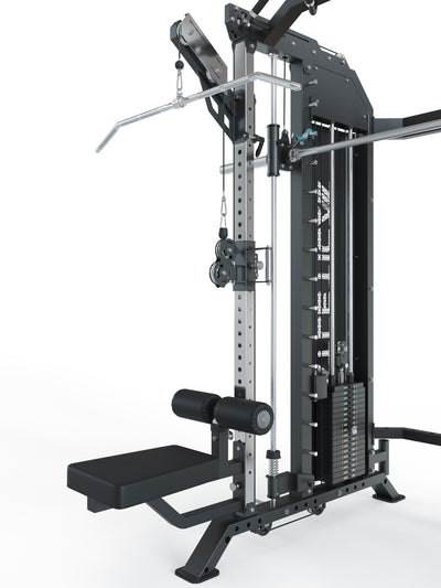 Kraftstation Pro HellRaiser: Multipresse – Counterbalanced und linear gelagert,
Belt Squat Machine inklusive,
Dualer Kabelzug mit 2x 90kg Steckgewichten