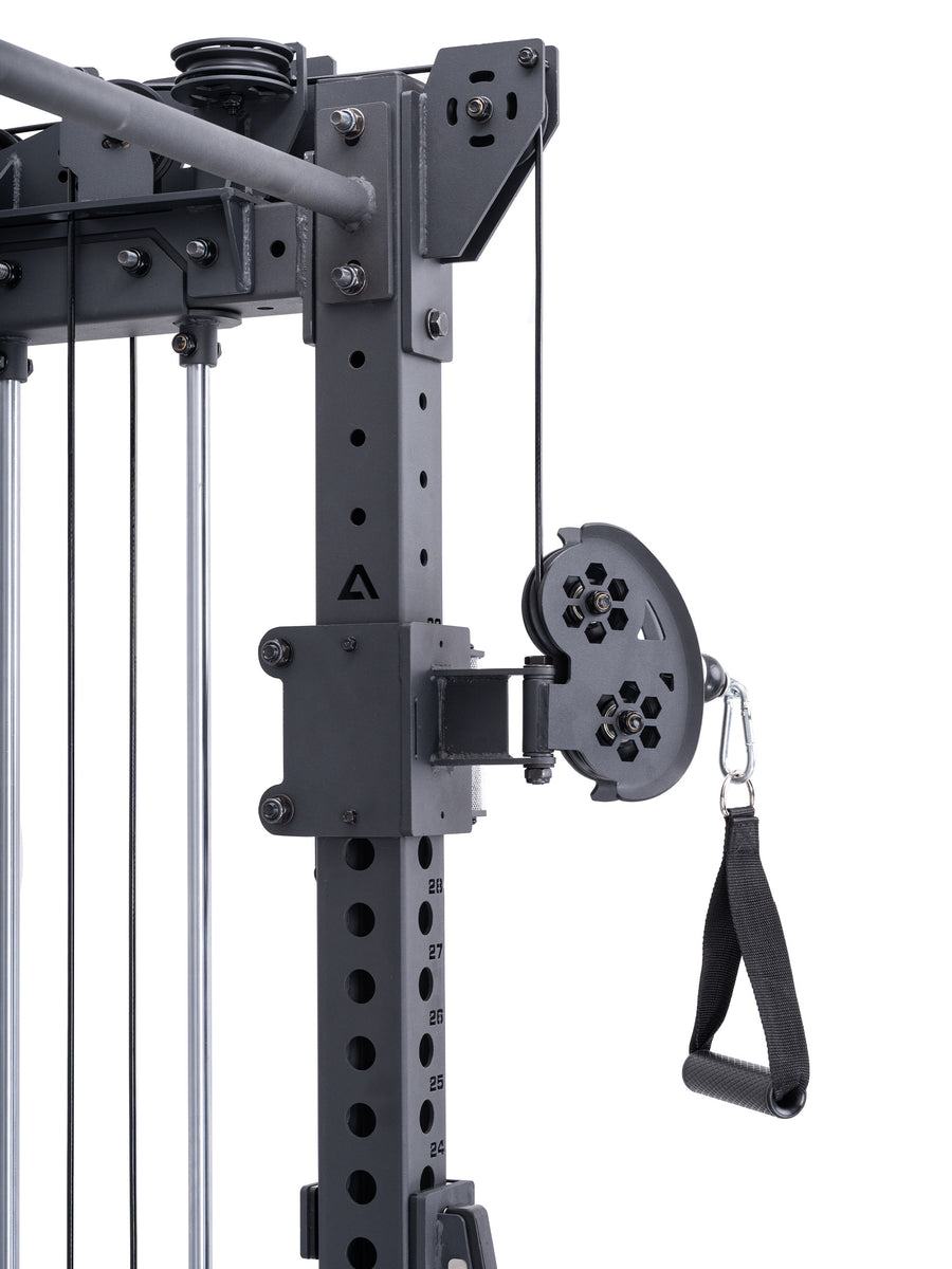 Power Cage R8-Bradley Kabelzug Station: Power Rack mit Seilzug und 2x90kg seitlichen Gewichtsblocks | Modular ausbaubar mit Multipresse und Jammer Arms, #size_kurz