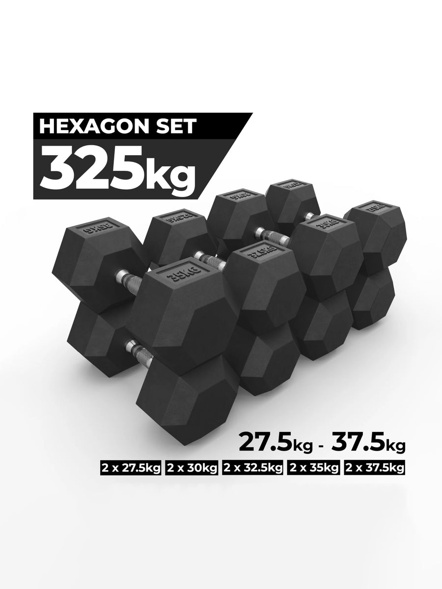 Hexagon Kurzhanteln: Hexagon SET 27.5kg-37.5kg ATLETICA Hexagon PVC Kurzhanteln SET ∣ 27.5kg bis 37.5kg Paare ∣ jeweils 2.5kg Steigerung ∣ Professioneller Bezug