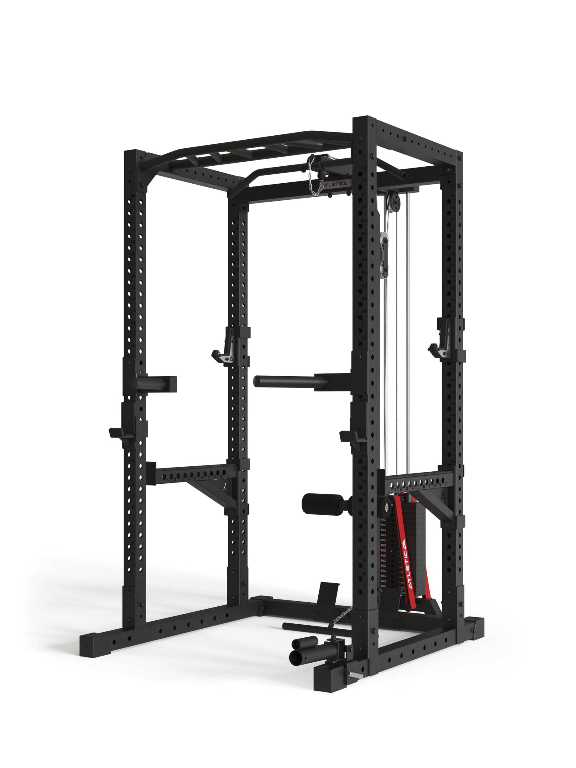 Power Rack R7-Cyrax: mit Latzug und Legblocker | Rudereinheit | Multi-Grip Klimmzugstange | Safety Spotter Arms | Dip Station | Landmine | in zwei Höhen verfügbar, #size_200-cm