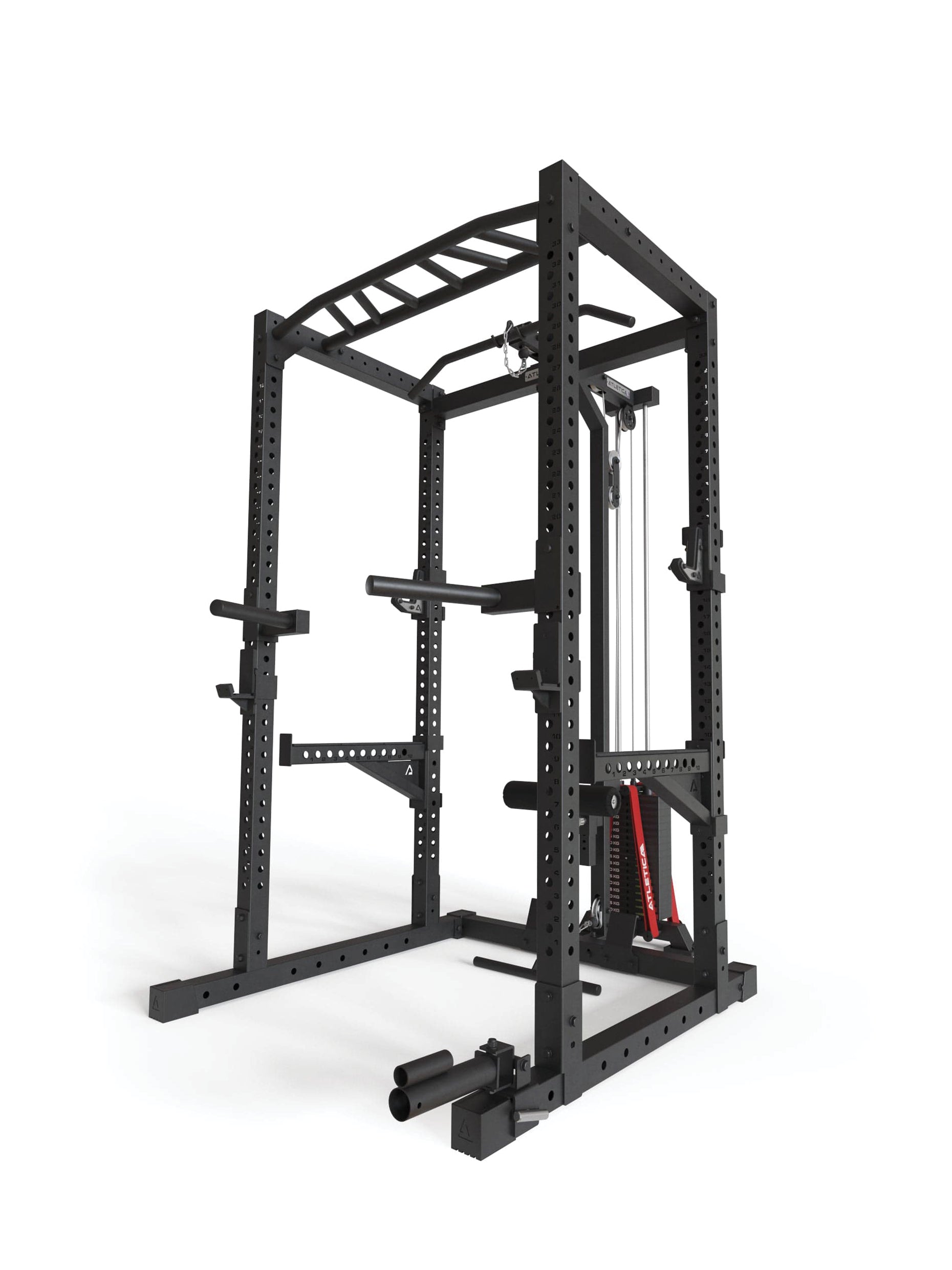 Power Rack R7-Cyrax: 90kg oder 120kg Steckgewichte | Squat Rack mit Latzug und Legblocker | Rudereinheit | Multi-Grip Klimmzugstange | Safety Spotter Arms | Dip Station | Landmine | in zwei Höhen verfügbar, #size_220-cm