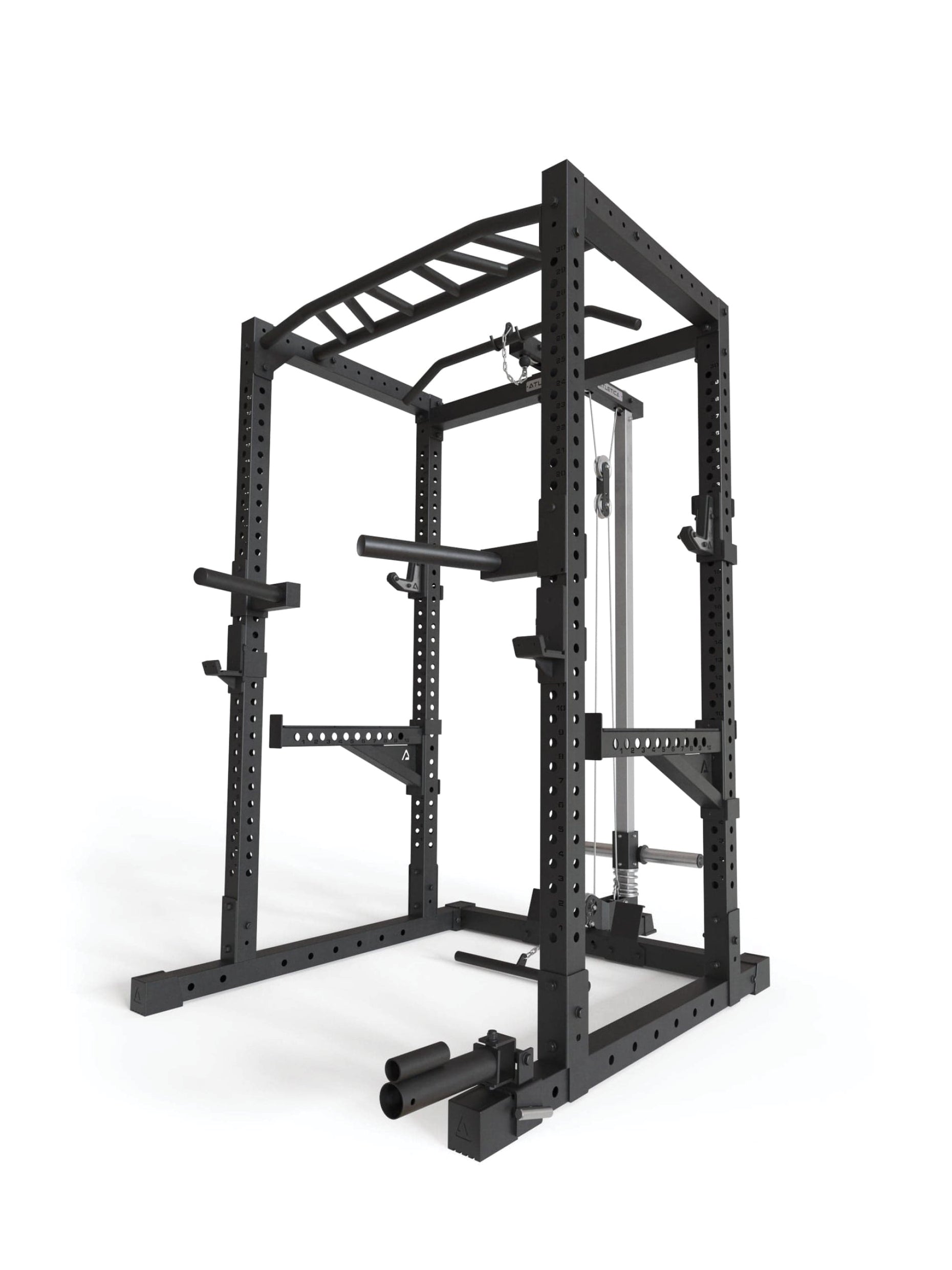 Power Rack R7-Cage: Squat Cage mit Latzug und Ruderstation | Multi-Grip Pull-Up Bar | Dip Station | Spotter Arms | 4 J-Hooks und Landmine | in zwei Höhen verfügbar, #size_200-cm