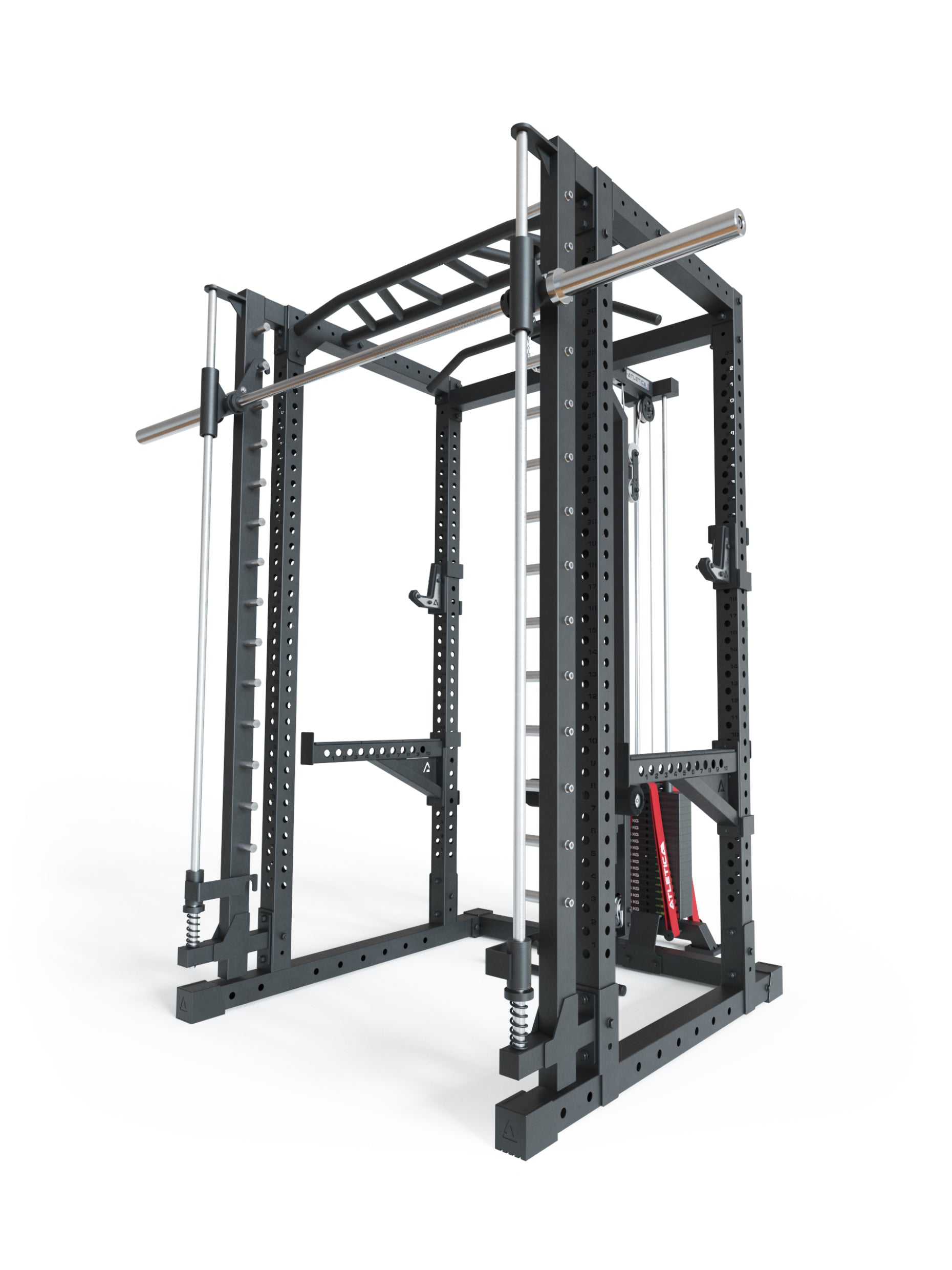 Power Rack R7-Daemon: Squat Rack mit Latzug und Smith Machine | Smith kann optional vorne oder hinten angebracht werden | Integrierter Langhantel | in zwei Höhen verfügbar, #size_220-cm