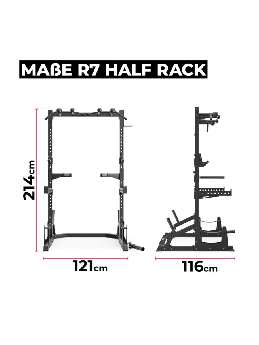 Power Rack Half Rack R7 Serie: Stark & stabil, 214 cm Höhe, 102 kg Eigengewicht, professionelle J-Hooks, Deadlift Station, 70 mm Vierkantrohr.