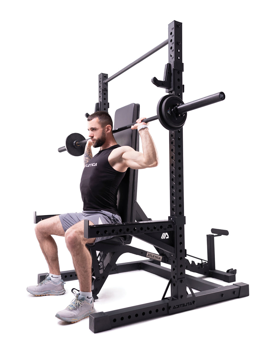Full Rack, Squat Rack R7 Serie: ideal für Räume mit unterschiedlichen Deckenhöhen | Spotter Arms, weite J-Hooks inklusive, Training im Fitnesstudio #size_180cm