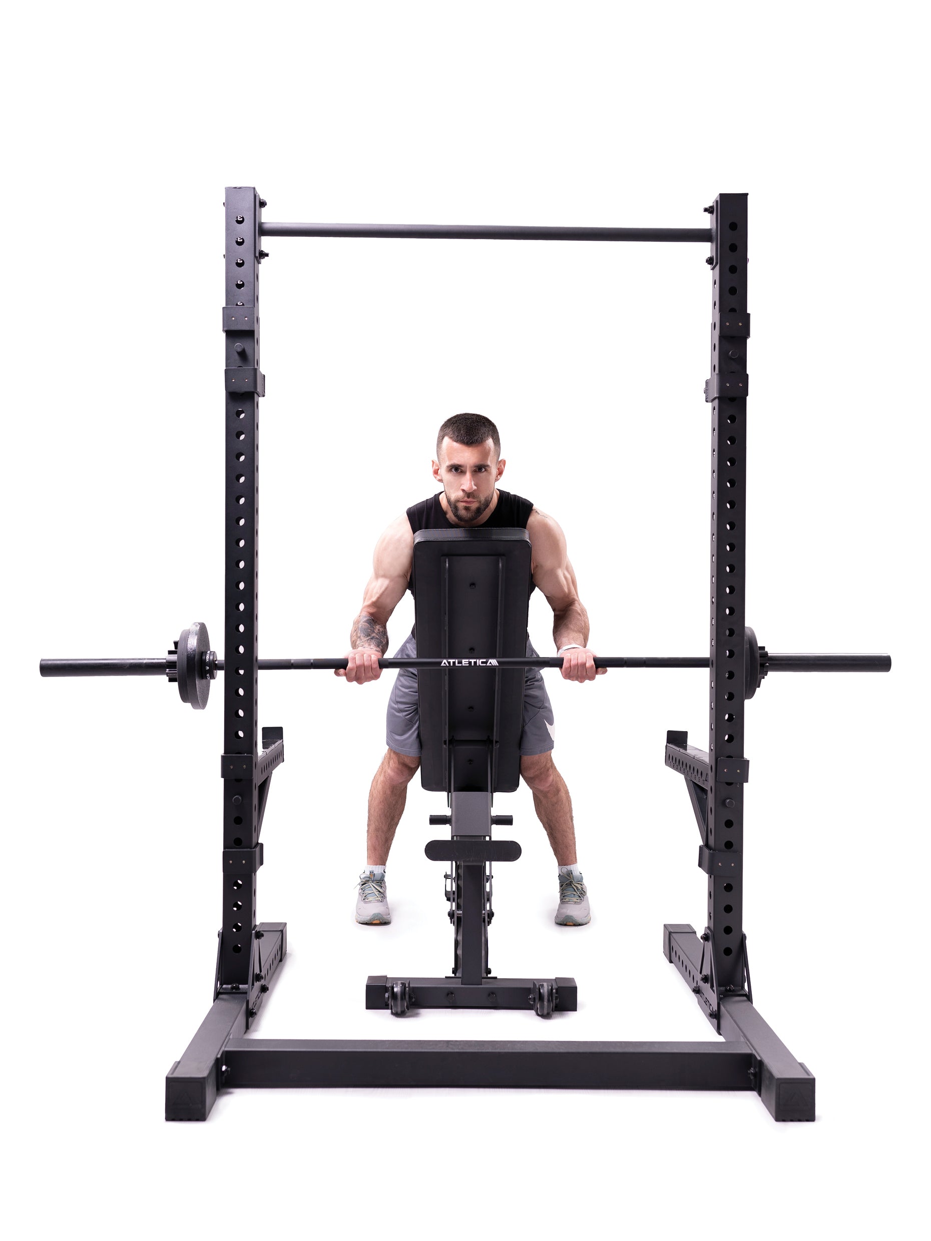 Full Rack, Squat Rack R7 Serie: ideal für Räume mit unterschiedlichen Deckenhöhen | Spotter Arms, weite J-Hooks inklusive, Training im Fitnesstudio #size_203cm