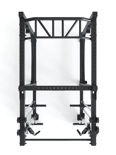Squat Rack R8-Duality: mit Kabelzug und 2x Klimmzugstange | Plate Loaded Dual Pulley, J-Hooks, Safeties, Bar Holder | 183x235 cm Grundfläche | 262 kg schwer