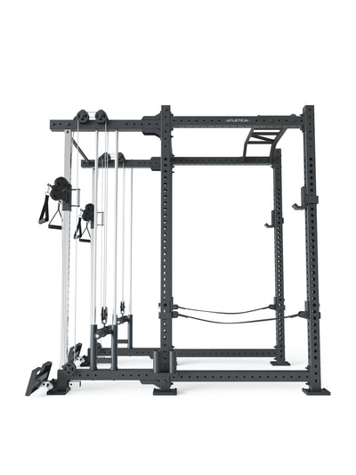 Squat Rack R8-Duality: Plate Loaded Dual Pulley, J-Hooks, Safeties, Bar Holder | 183x235 cm Grundfläche | 262 kg schwer