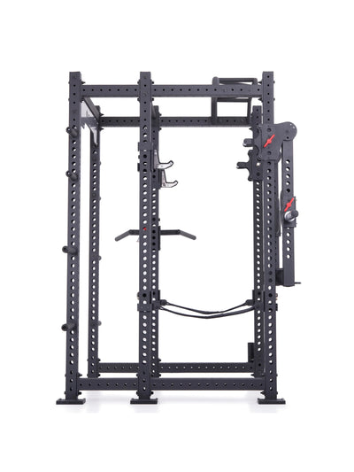 Power Cage R8 Stike: Jammer Arms, J-Hooks, Safety Straps, Dip Bar, 8 Weight Pins, 2 Pull-Up Bars, Logo Plate & Bar Holder  