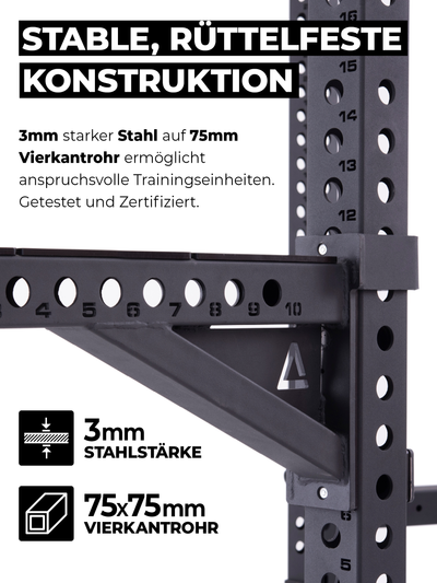 Power Rack: Wall Rack R8: zur Wandmontage, nur 27,5 cm Tiefe, Höhenverstellbar 228-241 cm | 75x75x3 mm Stahlprofil