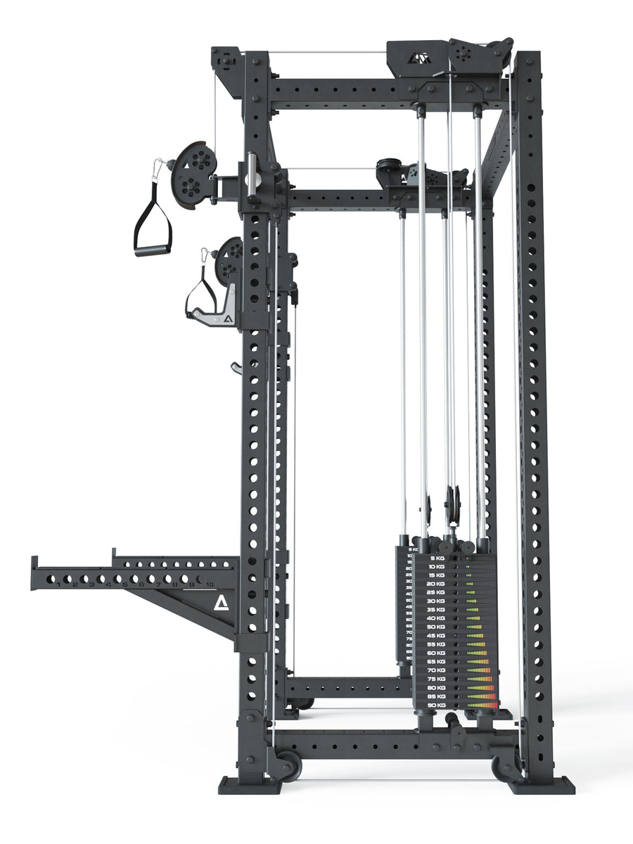 Power Cage R8-Bradley Kabelzug Station: Power Rack mit Seilzug und 2x90kg seitlichen Gewichtsblocks | Modular ausbaubar mit Multipresse und Jammer Arms #size_mittel