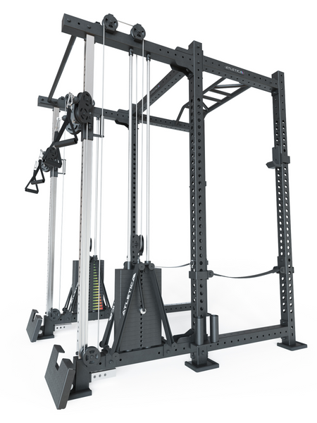 Power Rack R8-Duality Pro Medium: Doppelter Kabelzug | 2x90 kg Steckgewicht | Pull-Up Bar, J-Hooks, Pin-Safeties, Bar Holder