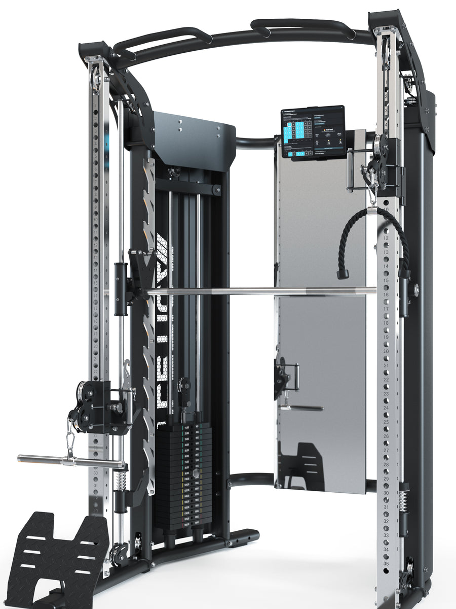 Kraftstation PRO Quantum:
Ganzkörper-Training ohne Hantelscheiben,
Multipresse - linear gelagert,
Dualer Kabelzug mit 2x 90kg Steckgewichten,
Preisgekröntes Design mit vielen Teilen aus Edelstahl,
Inklusive Trainingsspiegel, Smart Device Halter und umfangreichem Zubehör