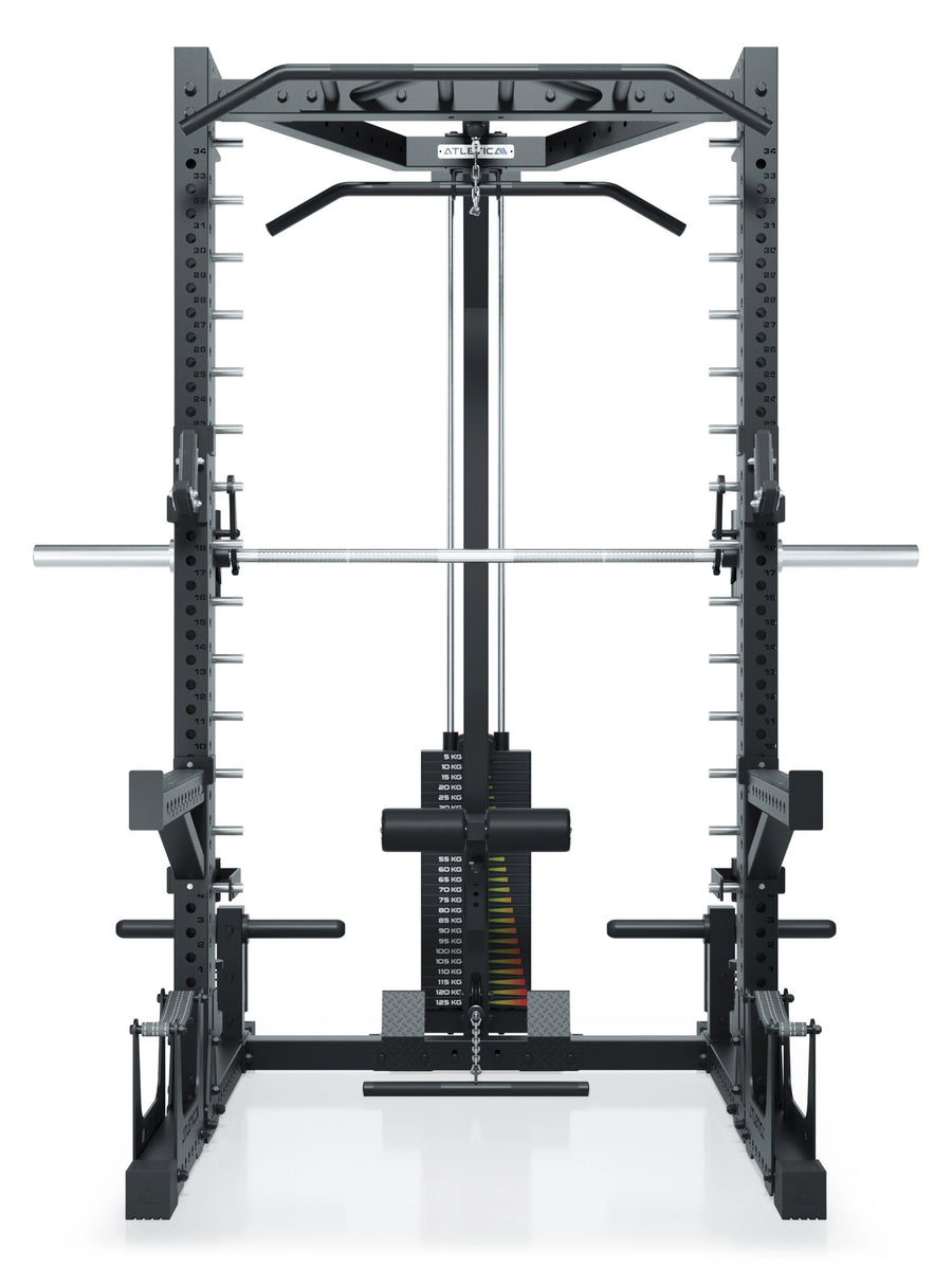 ATLETICA R7 Squat Rack mit Multipresse und 125kg Latzug Nemesis 70x70 Uprights R7 Serie #size_223-cm