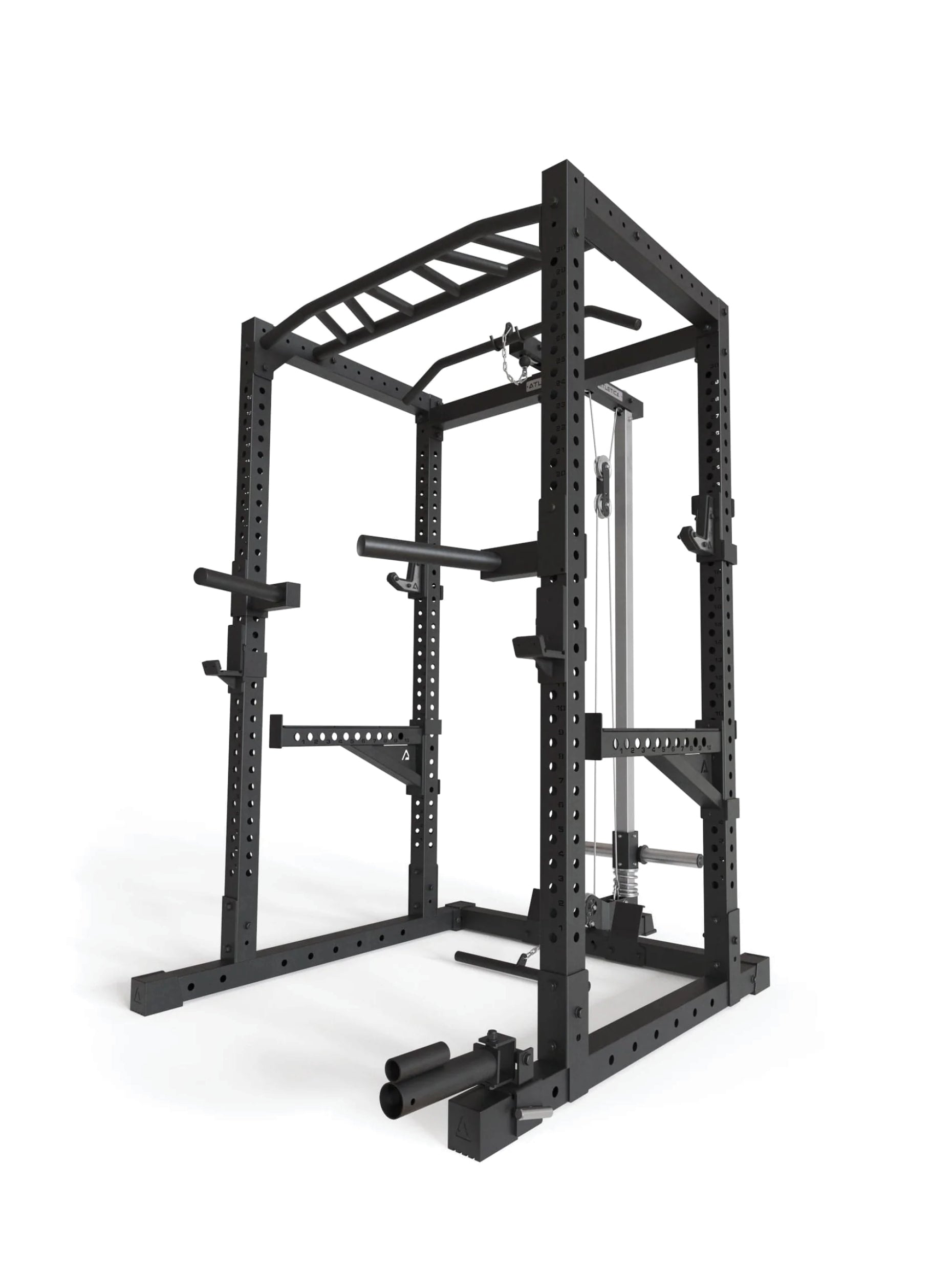 Power Rack R7-Cage: Squat Cage mit Latzug und Ruderstation | Multi-Grip Pull-Up Bar | Dip Station | Spotter Arms | 4 J-Hooks und Landmine | in zwei Höhen verfügbar, #size_220-cm