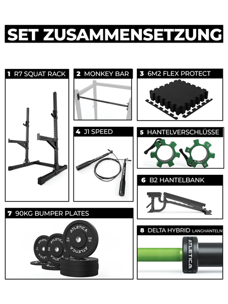 Power Rack: Half Rack mit Schrägbank | Langhantel | 90 kg Hantelscheiben | Collars | Klimmzugstange | Spotter Arms | J-Hooks | Bodenschutz inkl.