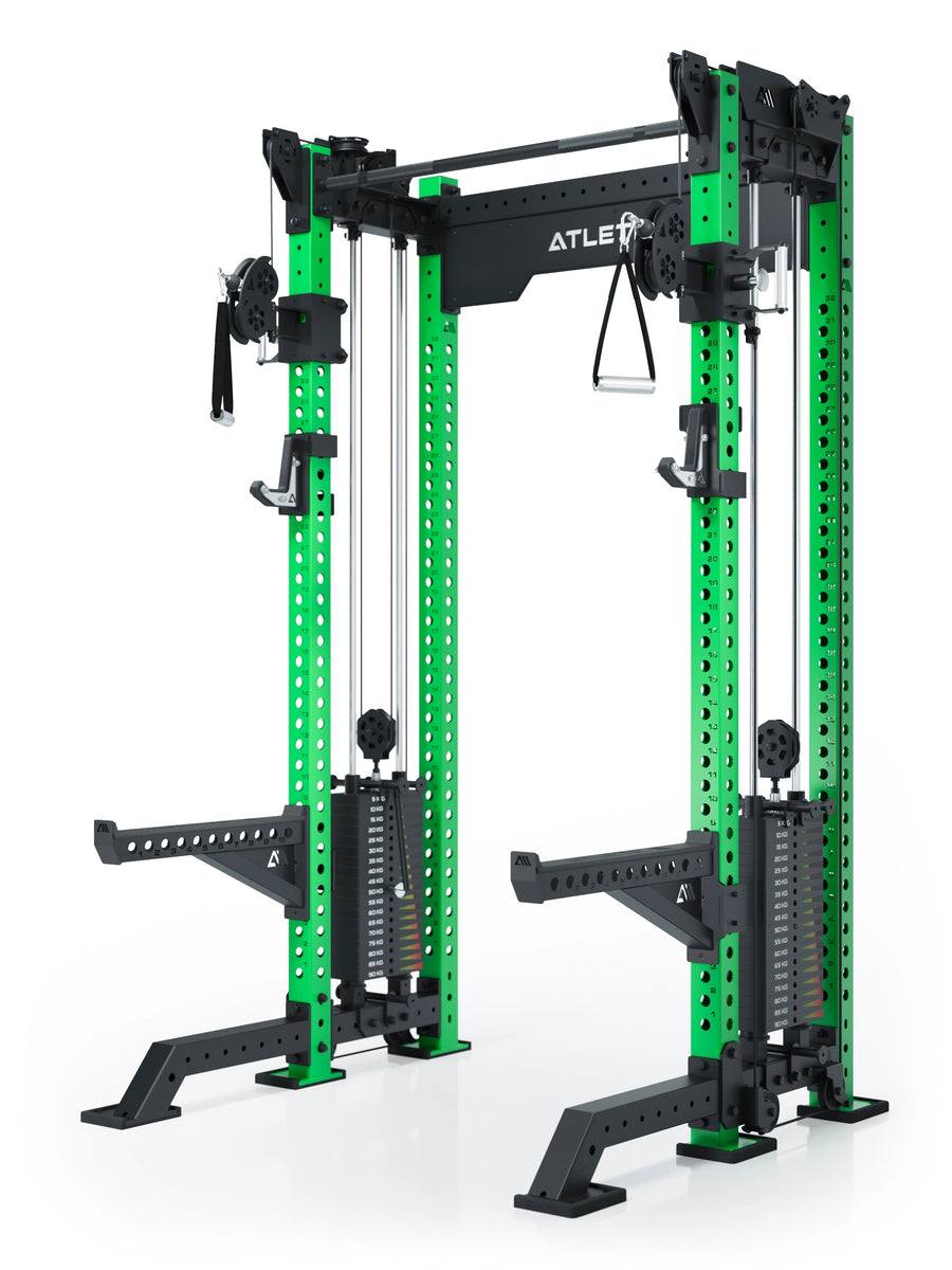 Power Rack R8-Bradley Kabelzug Station: Power Rack mit Seilzug und 2x90kg seitlichen Gewichtsblocks | Modular ausbaubar mit Multipresse und Jammer Arms | #variante_electric-green