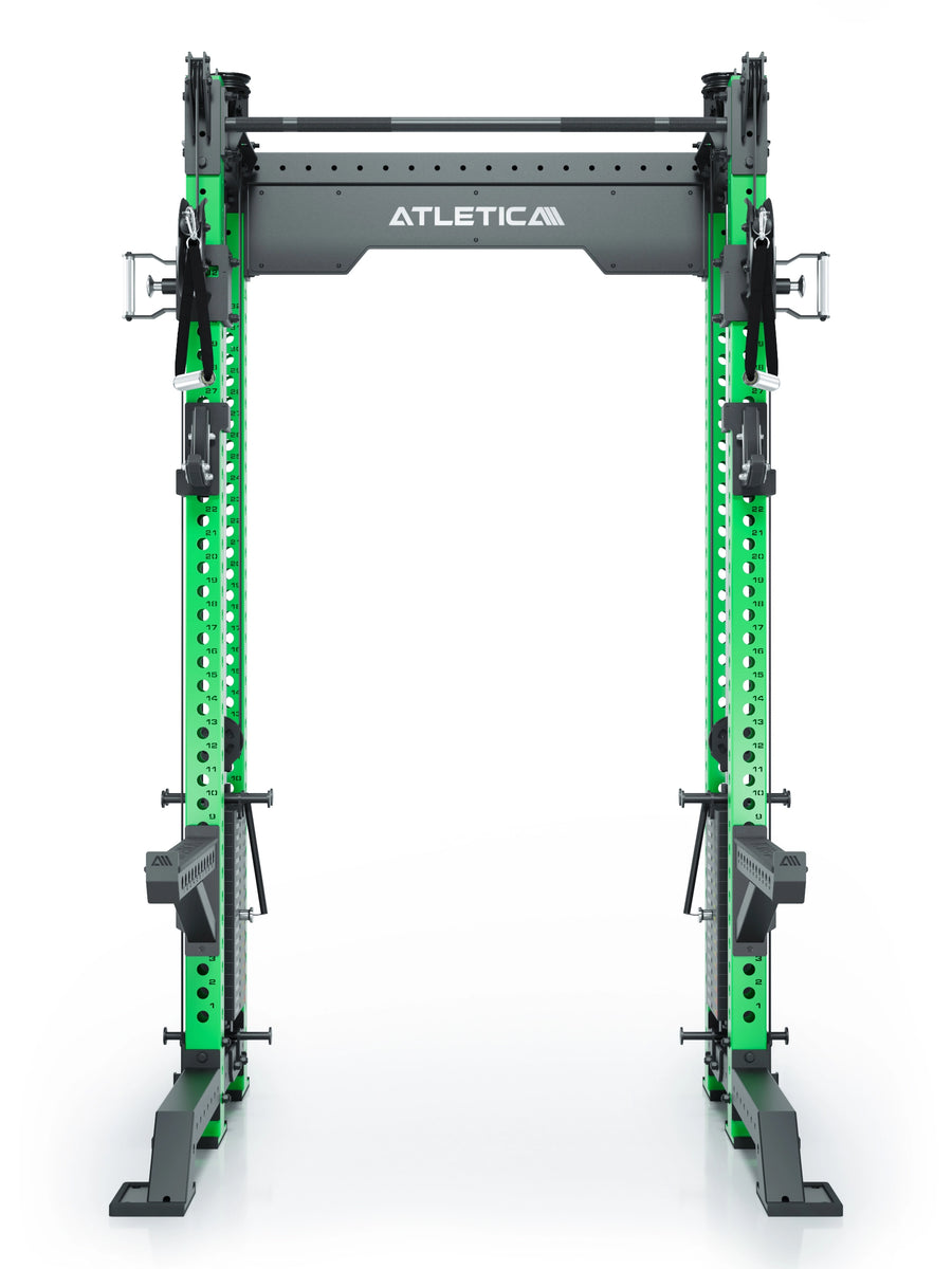 Power Rack R8-Bradley Kabelzug Station: Power Rack mit Seilzug und 2x90kg seitlichen Gewichtsblocks | Modular ausbaubar mit Multipresse und Jammer Arms | #variante_electric-green