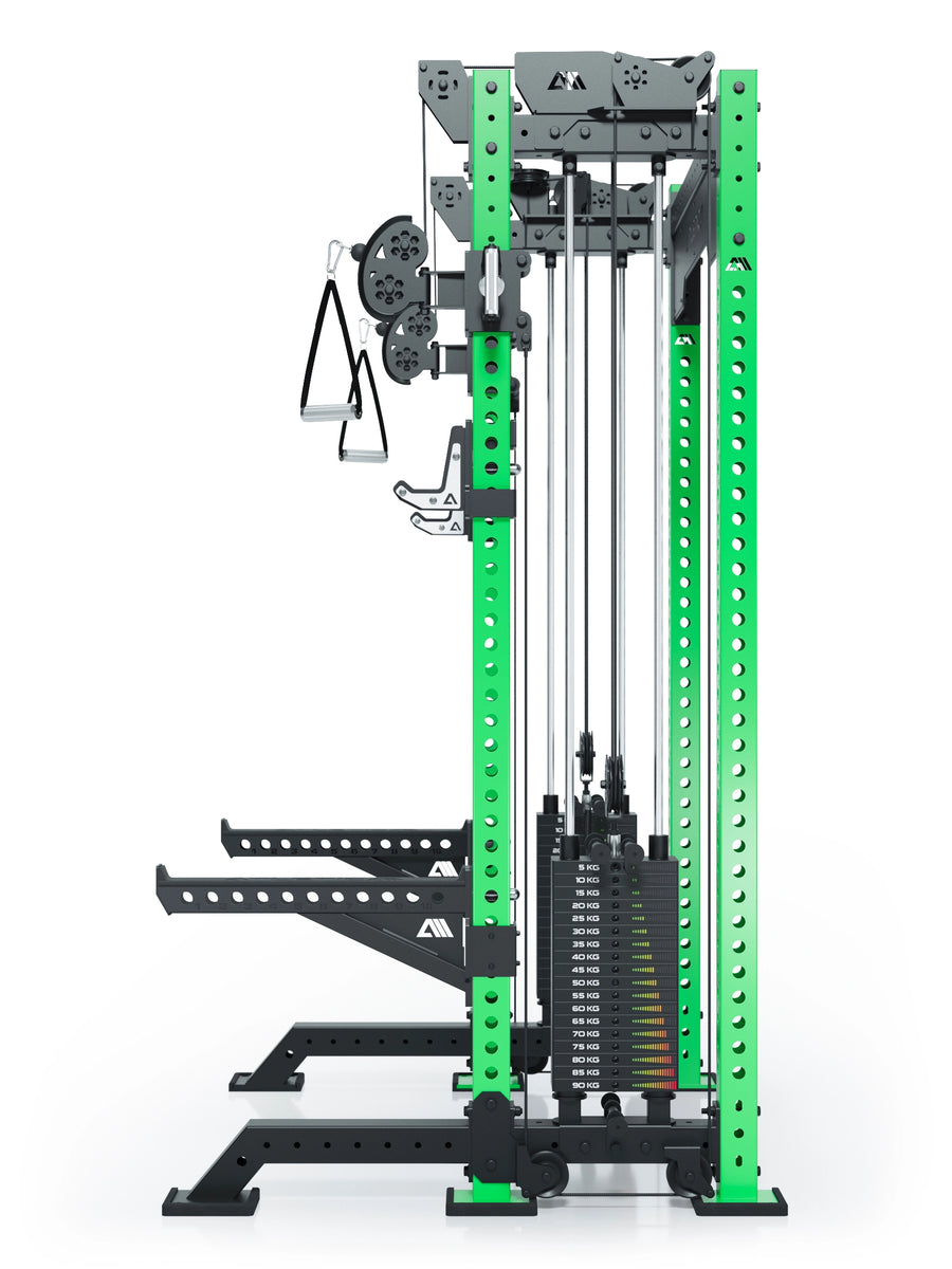 Power Rack R8-Bradley Kabelzug Station: Power Rack mit Seilzug und 2x90kg seitlichen Gewichtsblocks | Modular ausbaubar mit Multipresse und Jammer Arms | #variante_electric-green