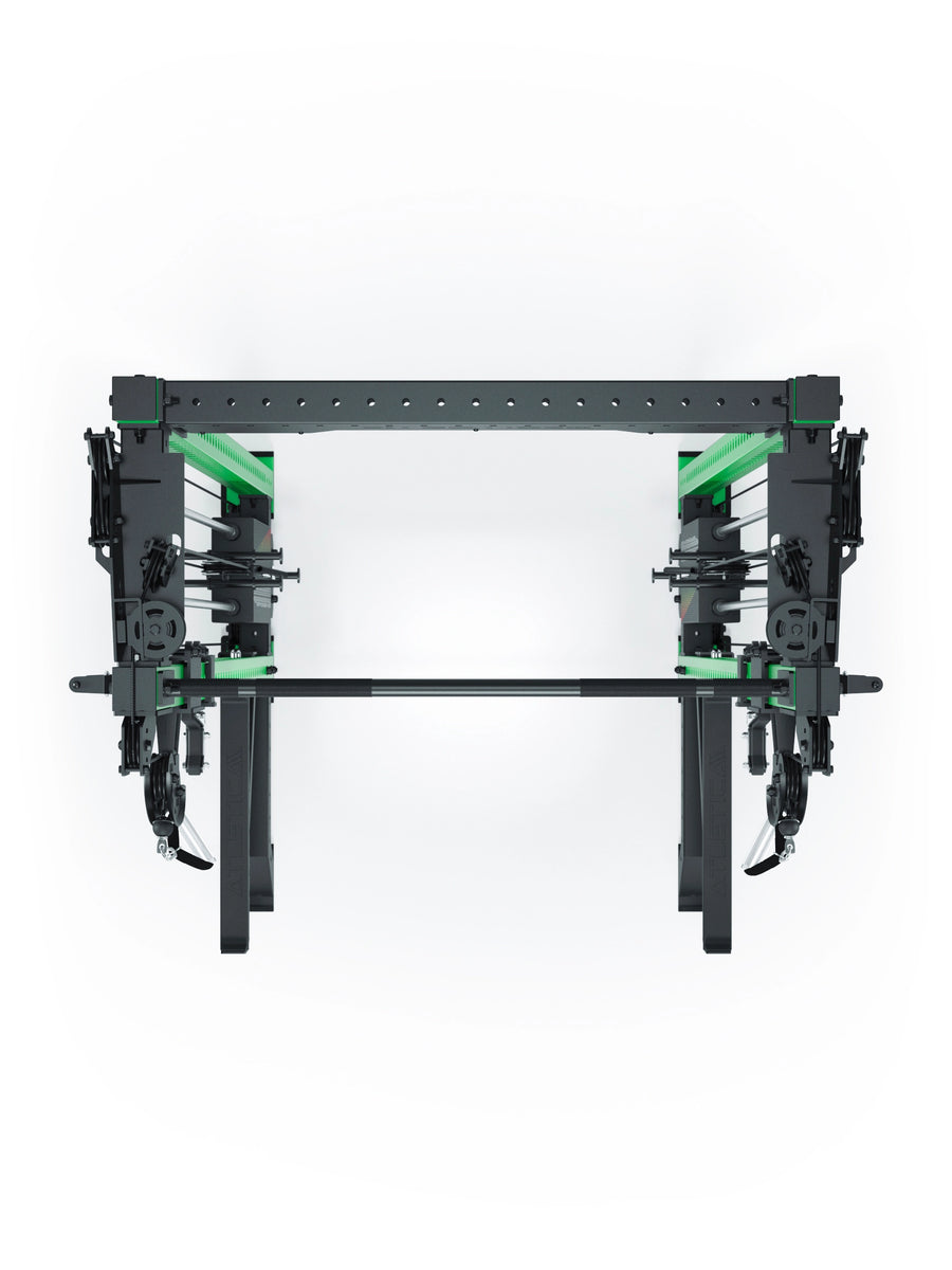 Power Rack R8-Bradley Kabelzug Station: Power Rack mit Seilzug und 2x90kg seitlichen Gewichtsblocks | Modular ausbaubar mit Multipresse und Jammer Arms | #variante_electric-green