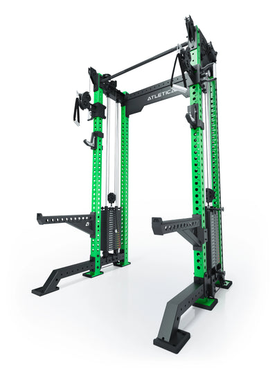 Power Rack R8-Bradley Kabelzug Station: Power Rack mit Seilzug und 2x90kg seitlichen Gewichtsblocks | Modular ausbaubar mit Multipresse und Jammer Arms | #variante_electric-green