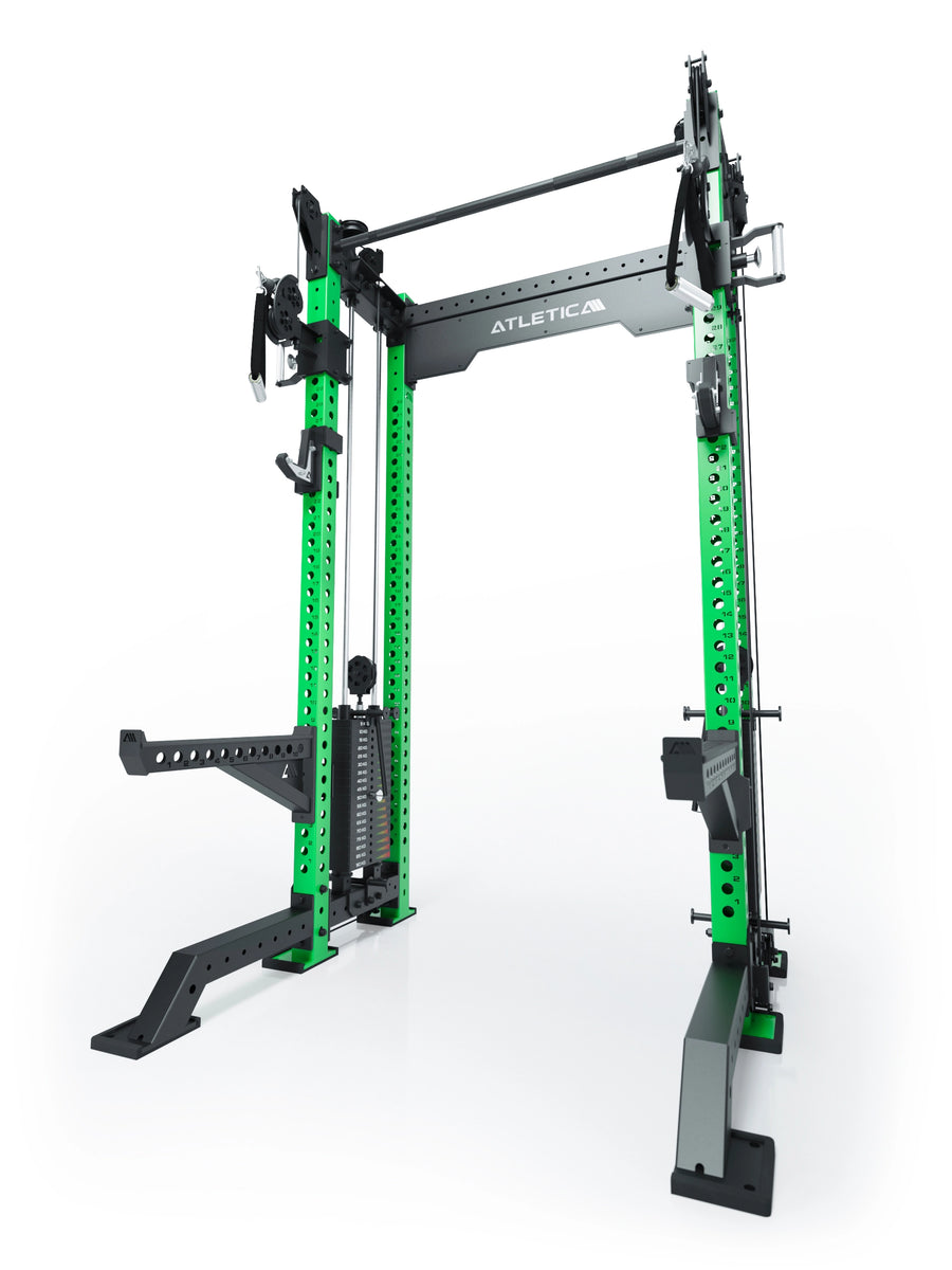 Power Rack R8-Bradley Kabelzug Station: Power Rack mit Seilzug und 2x90kg seitlichen Gewichtsblocks | Modular ausbaubar mit Multipresse und Jammer Arms | #variante_electric-green