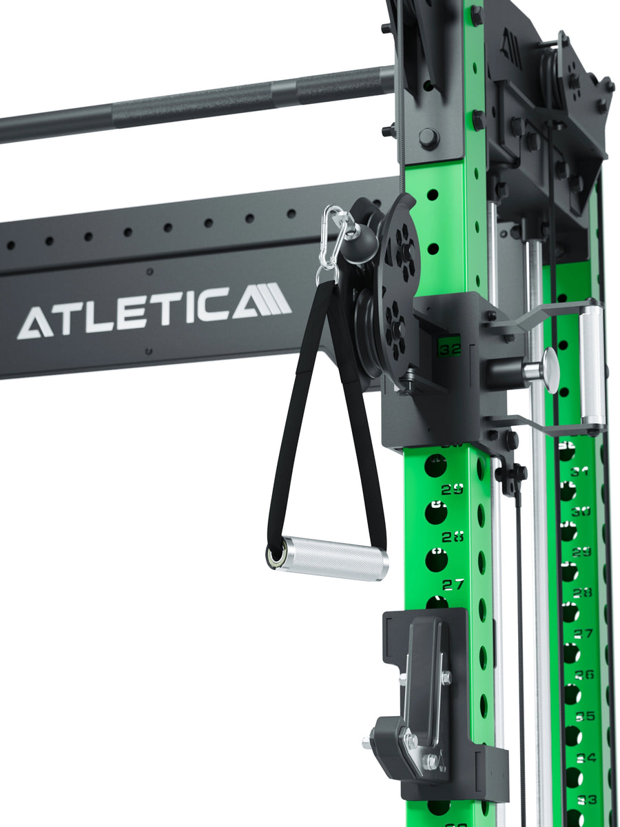 Power Rack R8-Bradley Kabelzug Station: Power Rack mit Seilzug und 2x90kg seitlichen Gewichtsblocks | Modular ausbaubar mit Multipresse und Jammer Arms | #variante_electric-green