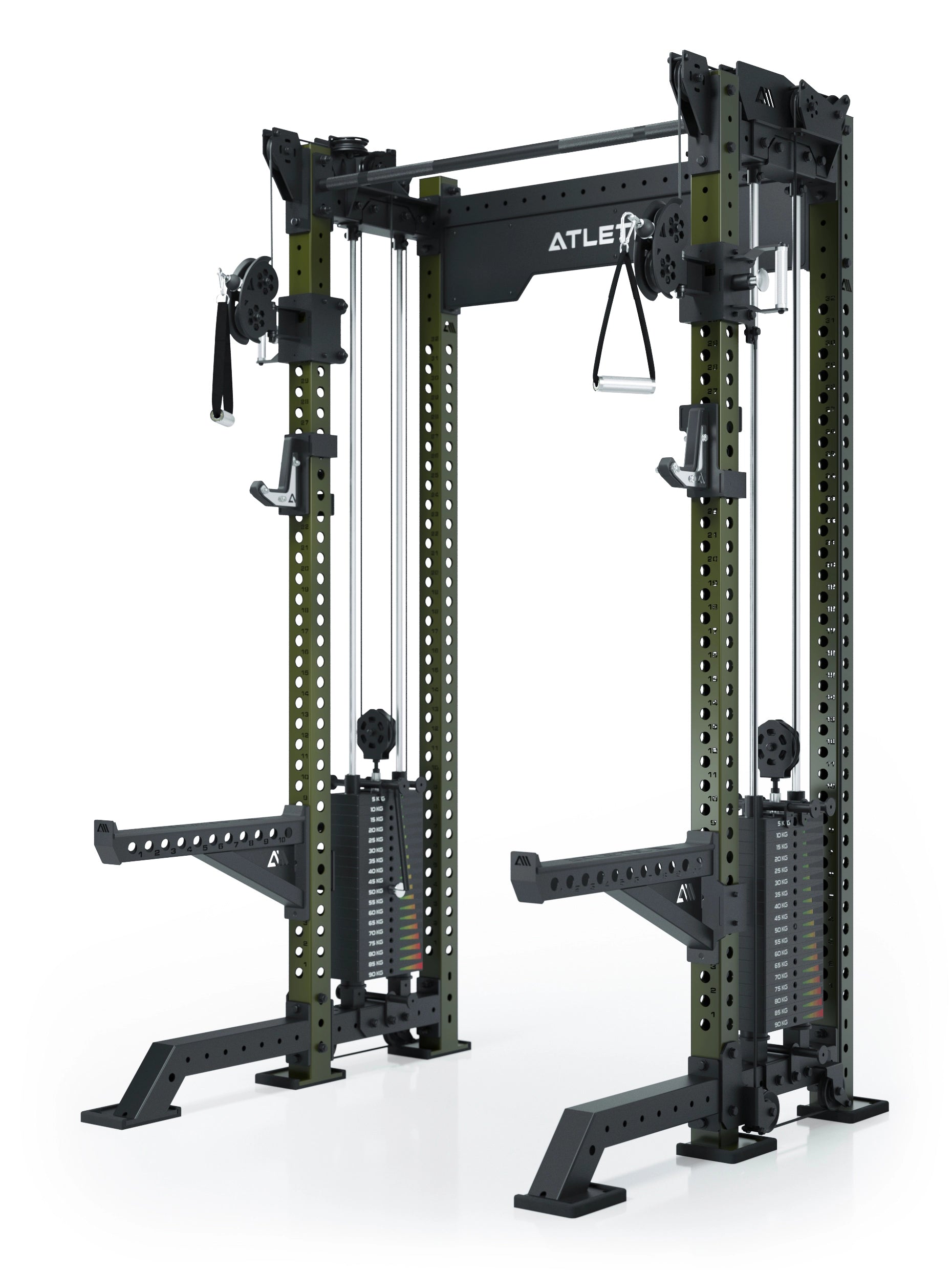 Power Rack R8-Bradley Kabelzug Station: Power Rack mit Seilzug und 2x90kg seitlichen Gewichtsblocks | Modular ausbaubar mit Multipresse und Jammer Arms | #variante_military-green
