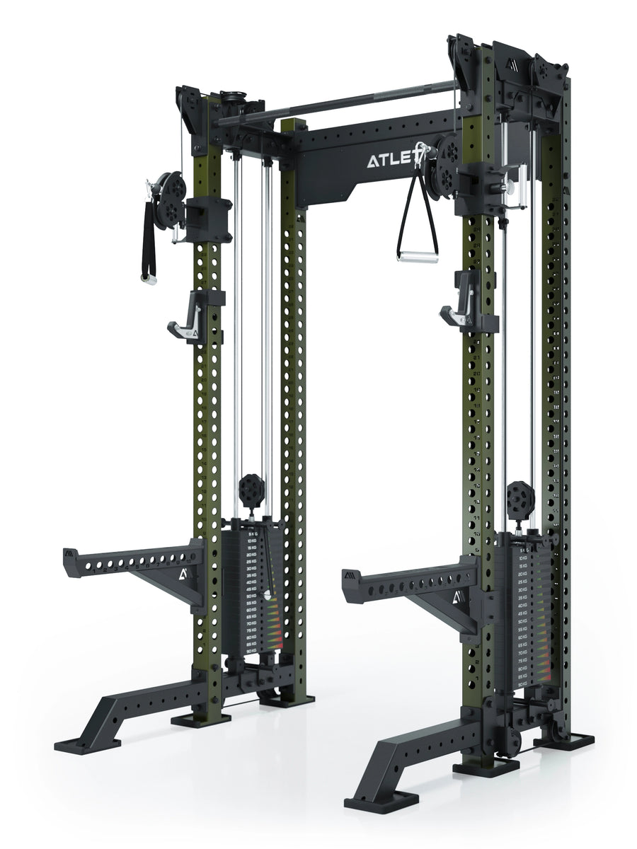Power Rack R8-Bradley Kabelzug Station: Power Rack mit Seilzug und 2x90kg seitlichen Gewichtsblocks | Modular ausbaubar mit Multipresse und Jammer Arms | #variante_military-green