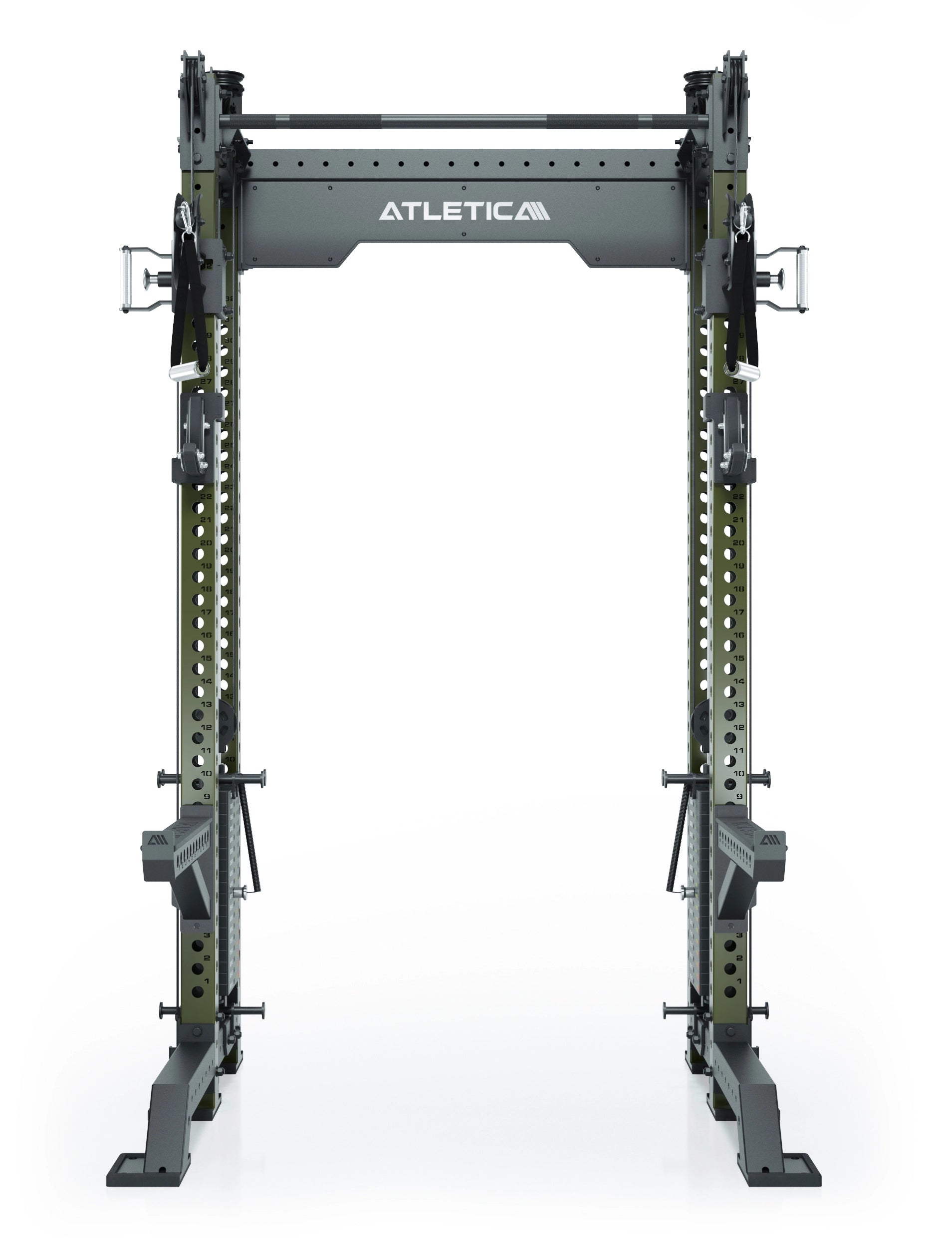 Power Rack R8-Bradley Kabelzug Station: Power Rack mit Seilzug und 2x90kg seitlichen Gewichtsblocks | Modular ausbaubar mit Multipresse und Jammer Arms | #variante_military-green