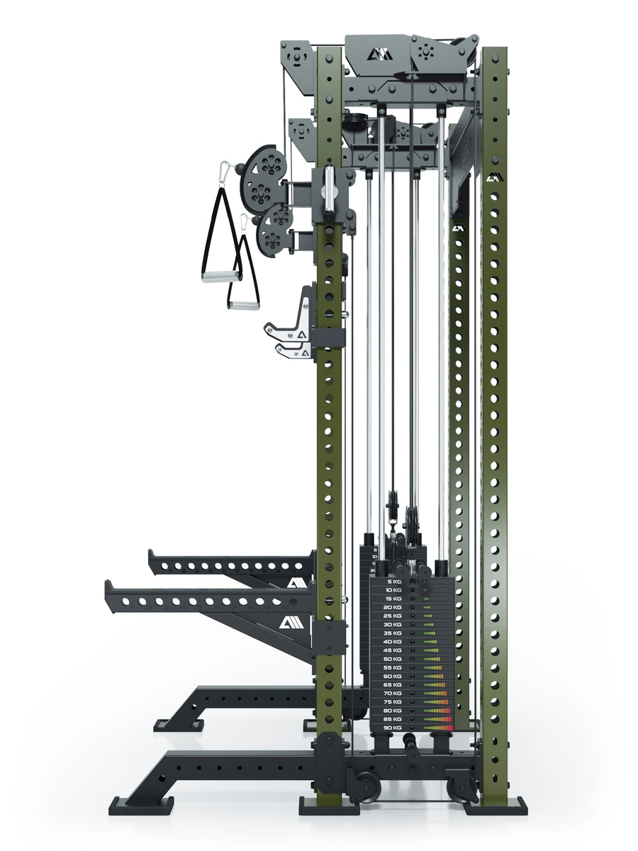 Power Rack R8-Bradley Kabelzug Station: Power Rack mit Seilzug und 2x90kg seitlichen Gewichtsblocks | Modular ausbaubar mit Multipresse und Jammer Arms | #variante_military-green