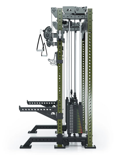 Power Rack R8-Bradley Kabelzug Station: Power Rack mit Seilzug und 2x90kg seitlichen Gewichtsblocks | Modular ausbaubar mit Multipresse und Jammer Arms | #variante_military-green