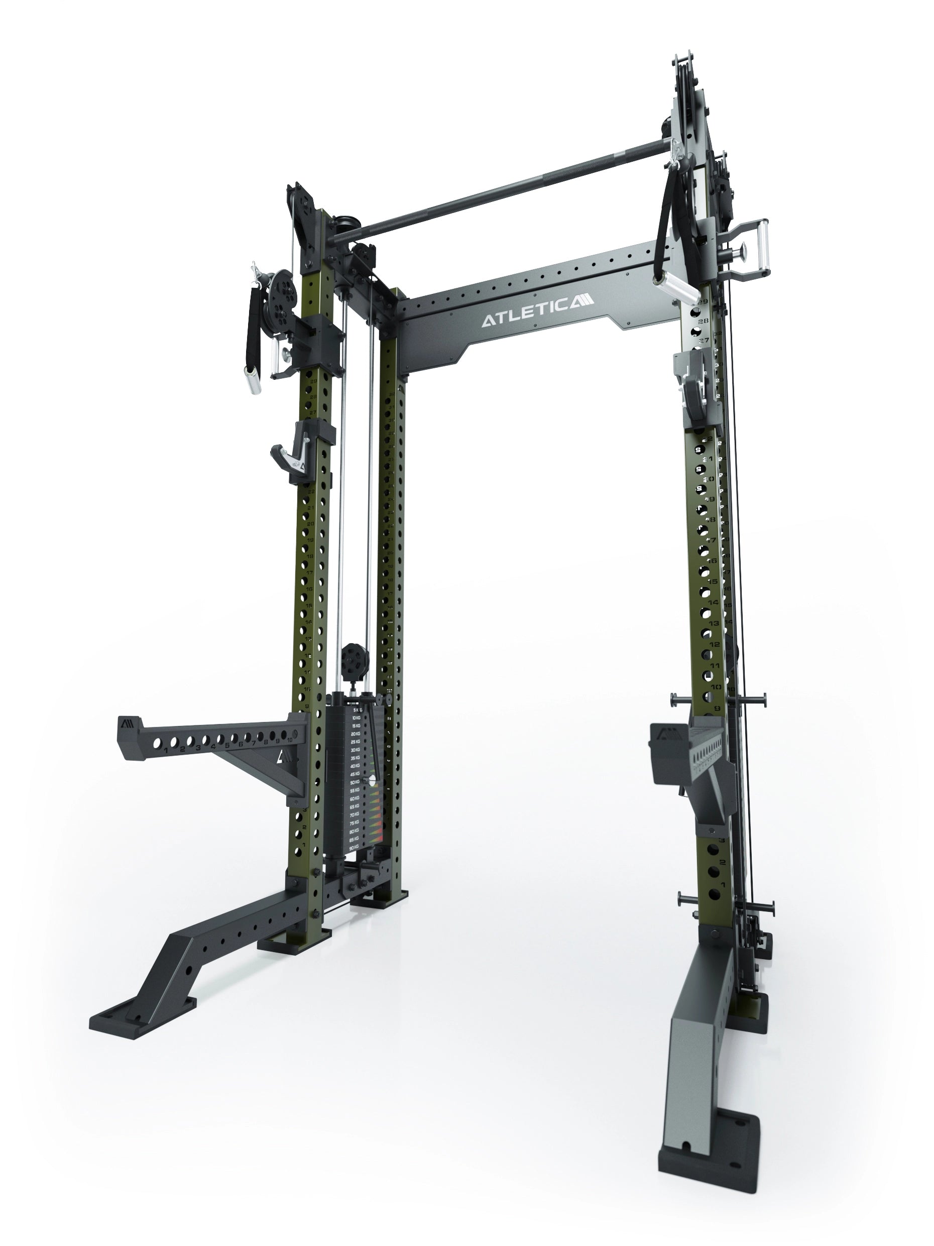 Power Rack R8-Bradley Kabelzug Station: Power Rack mit Seilzug und 2x90kg seitlichen Gewichtsblocks | Modular ausbaubar mit Multipresse und Jammer Arms | #variante_military-green