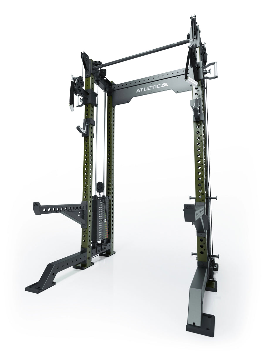 Power Rack R8-Bradley Kabelzug Station: Power Rack mit Seilzug und 2x90kg seitlichen Gewichtsblocks | Modular ausbaubar mit Multipresse und Jammer Arms | #variante_military-green