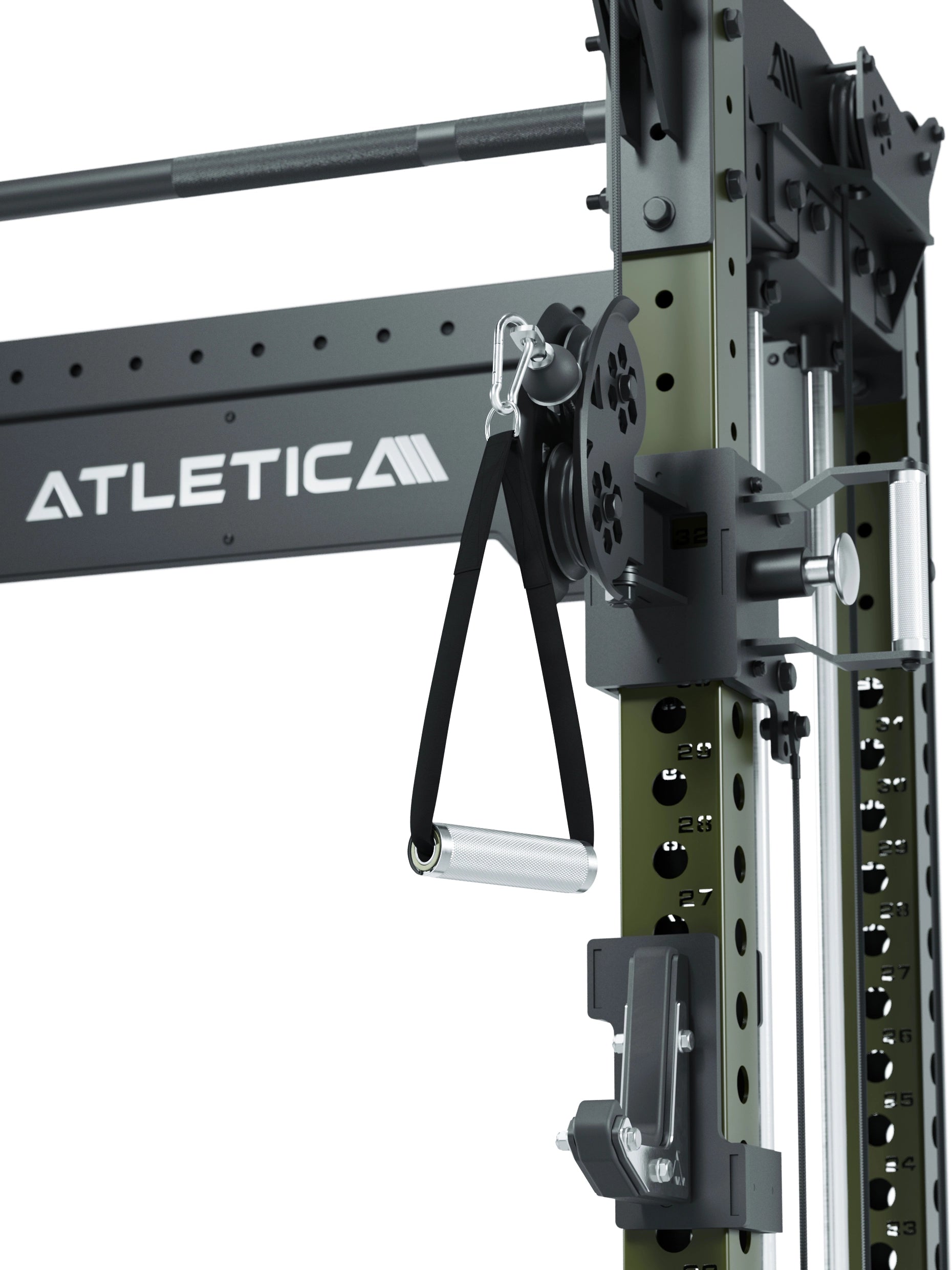 Power Rack R8-Bradley Kabelzug Station: Power Rack mit Seilzug und 2x90kg seitlichen Gewichtsblocks | Modular ausbaubar mit Multipresse und Jammer Arms | #variante_military-green